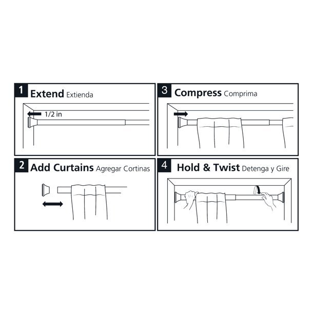 Adjustable Curtain Tension Rod 30″- 52″ Inside Window Frames 3/4″D Tension Rod