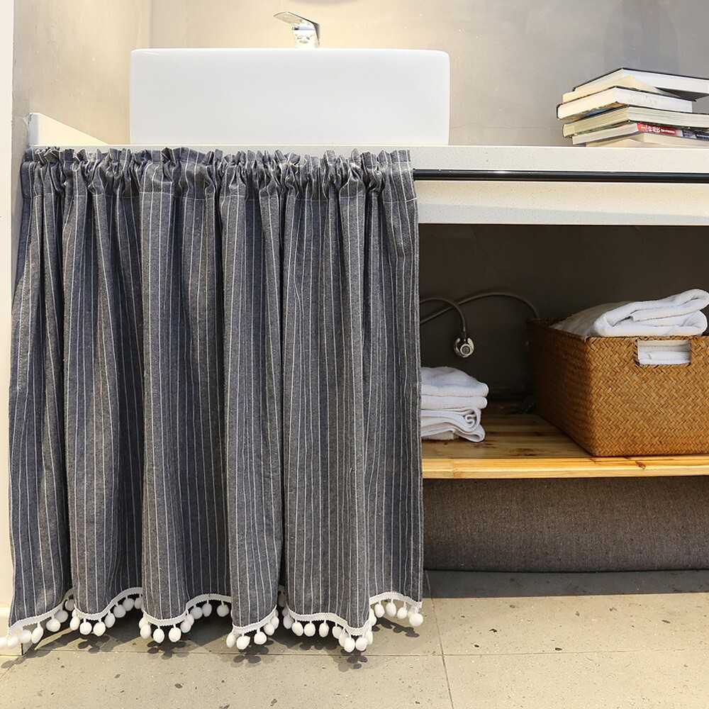 Rod Pocket Pom Pom Stripe Short Curtain for Cabinet Kitchen Window Drape Valance