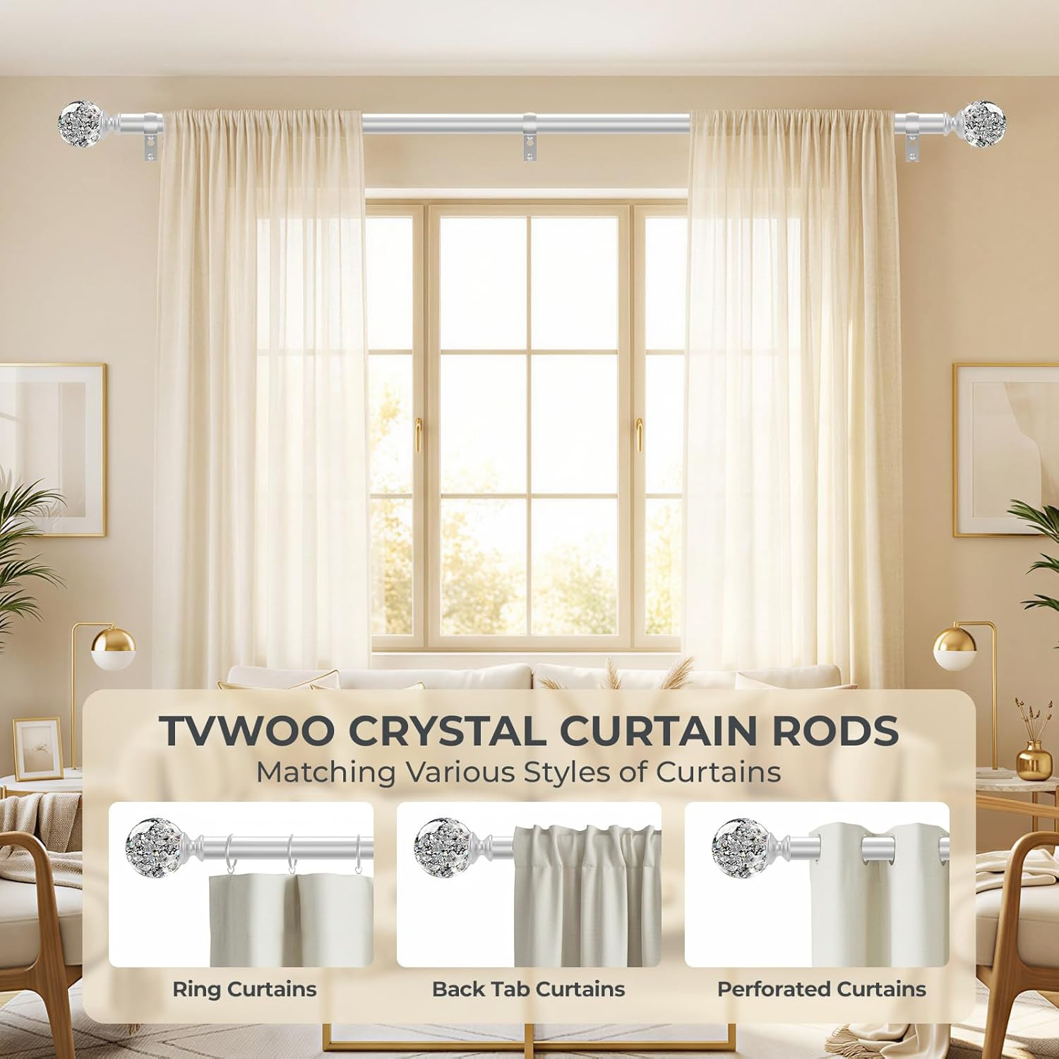 Silver Decorative Crystal Curtain Rods:18-45 Inch Heavy Duty Adjustable Window C