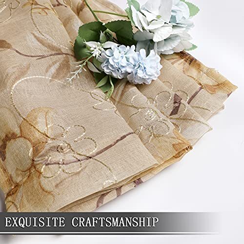 Short Sheer Tier Curtain Flower Leaf Printed Floral 30″W x 24″L Beige