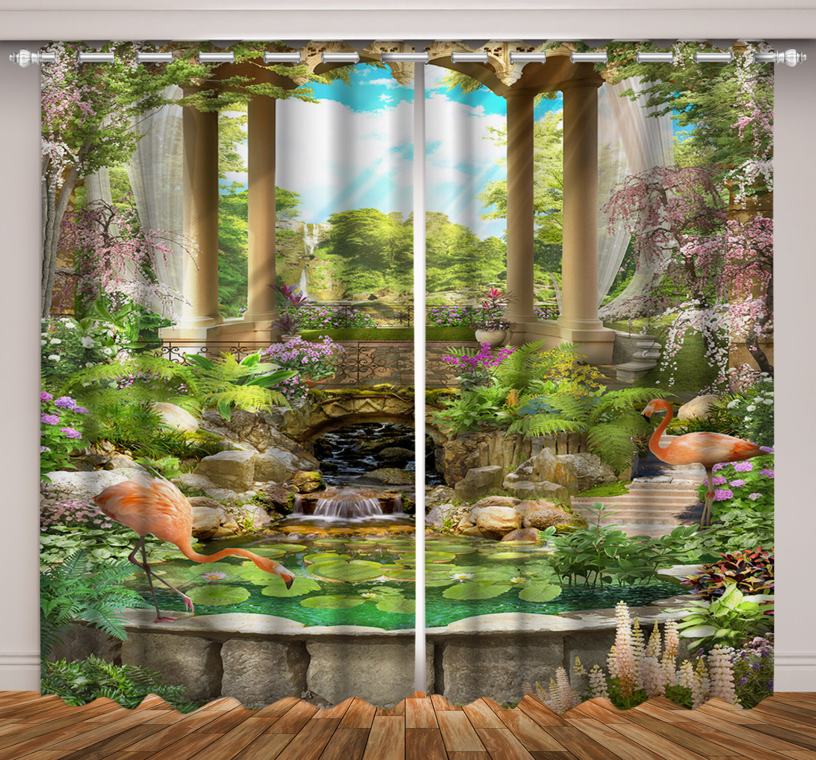 Green Leaf Pink Flamingo 3D 2 Panels Window Curtains Blockout Drapes Fabric