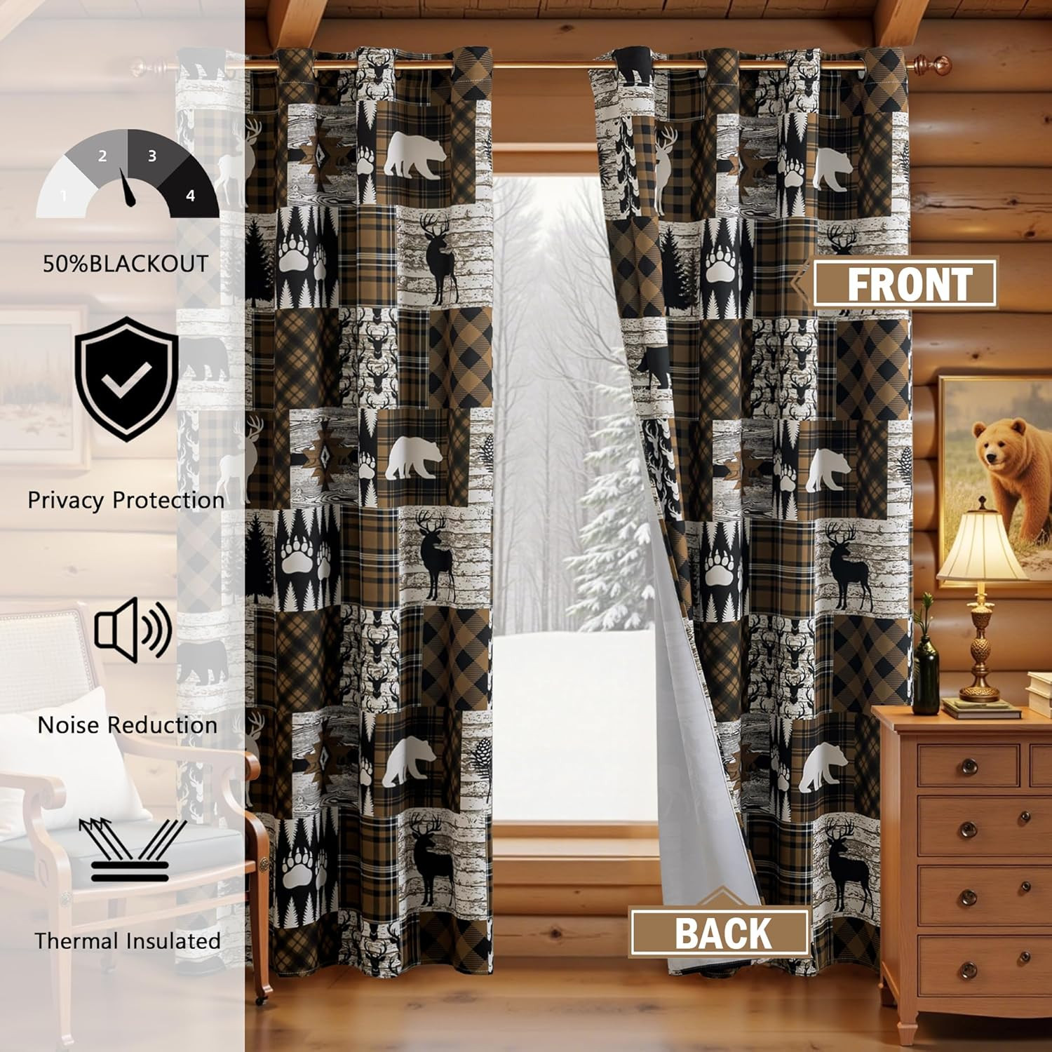 Brown Rustic Cabin Curtains 2 Panels Country Style Curtain 50% Light Blocking Da