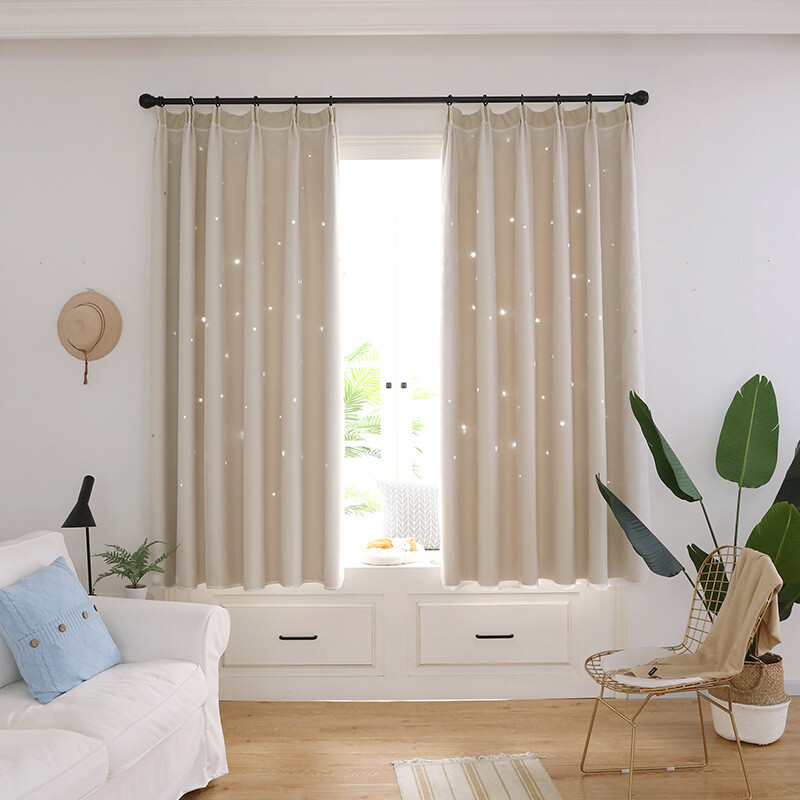 Hollow Stars Blackout Curtain 2 Layers for Bay Window Lace Drape Hook Top Home