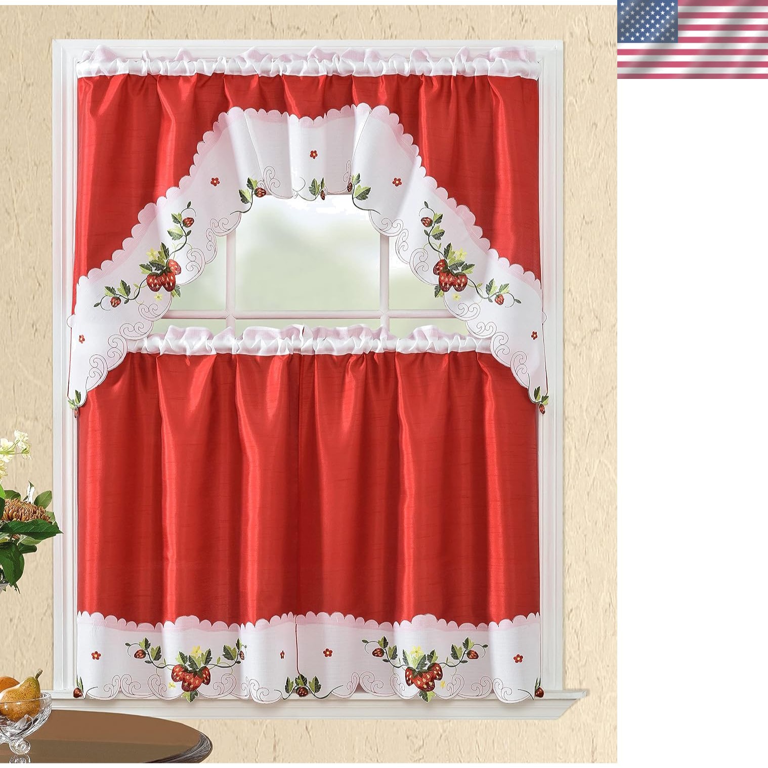 Modern Contemporary 3pc Embroidered Home Kitchen Window Treatment Curtain Set…