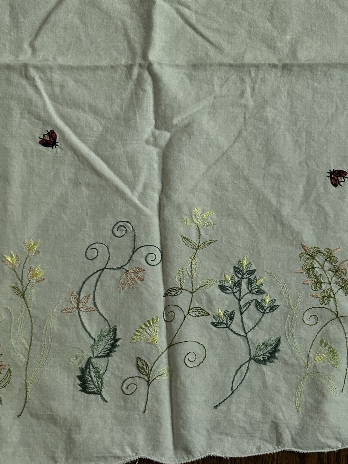 Cottage Style Hand Embroidered Cafe Curtain Panels Floral Ladybug White Scallop