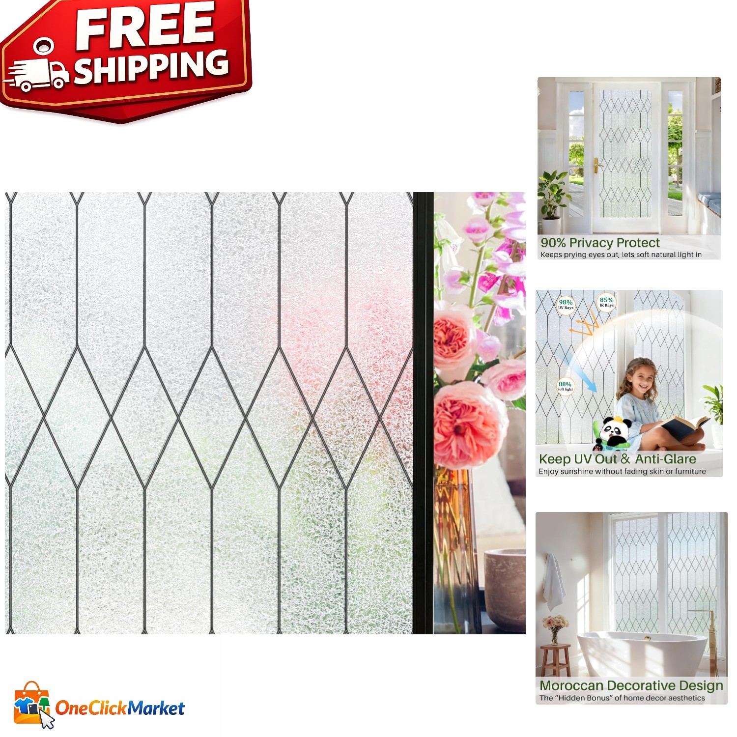 Stained Glass Window Privacy Film Frosted Static Cling UV Block 17.5×78.8