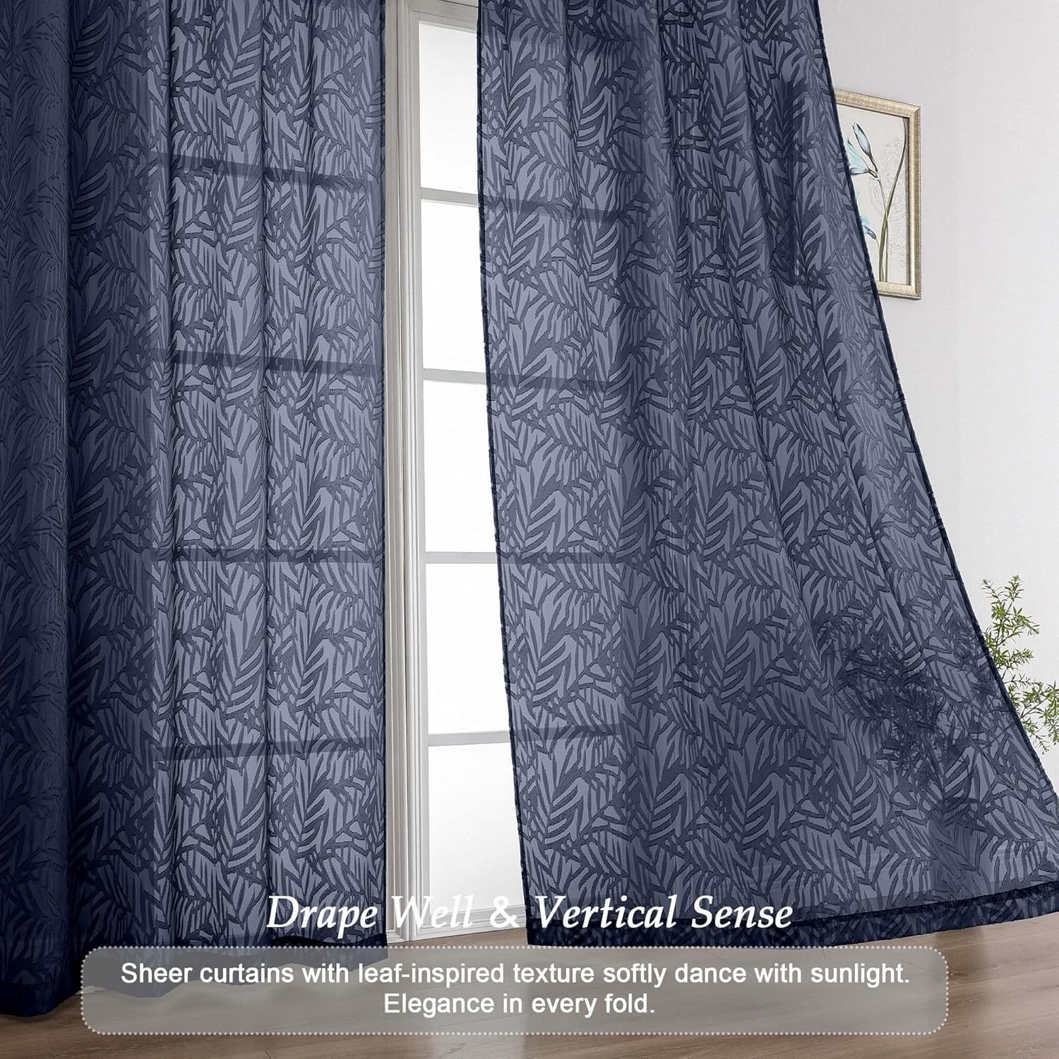 Navy Blue Sheer Curtains 72 Inches Long 2 Panels, Voile Soft Airy Leaf Jacquard