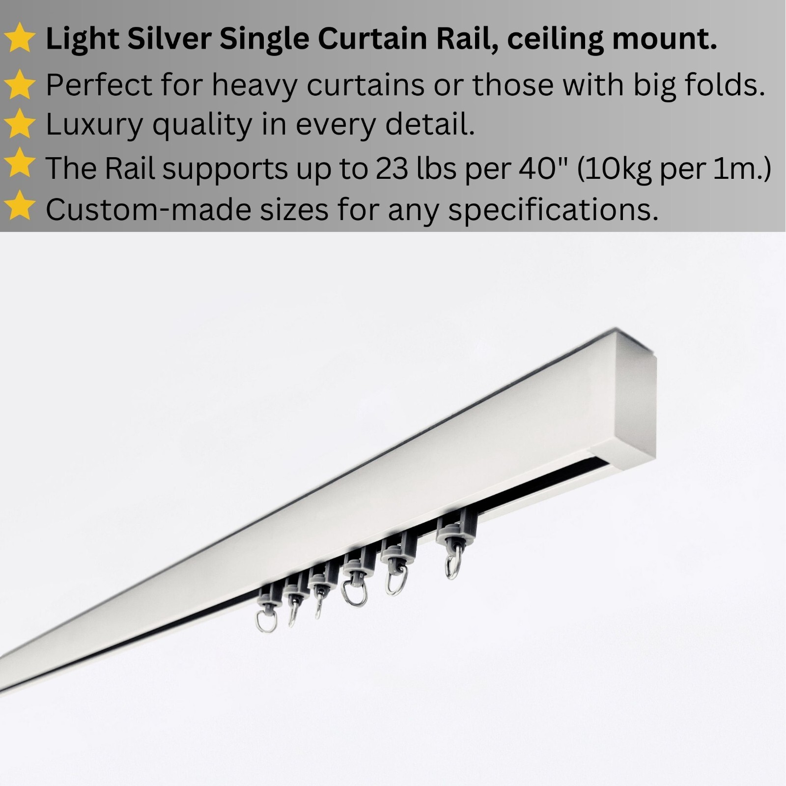Premium Silver Single Curtain Rail – Heavy-Duty, Ceiling mount, Any custom Sizes