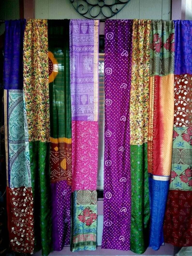 2 Pcs Indian Sari Patchwork Curtain Drape Window Decor Multi Silk Sari Curtain