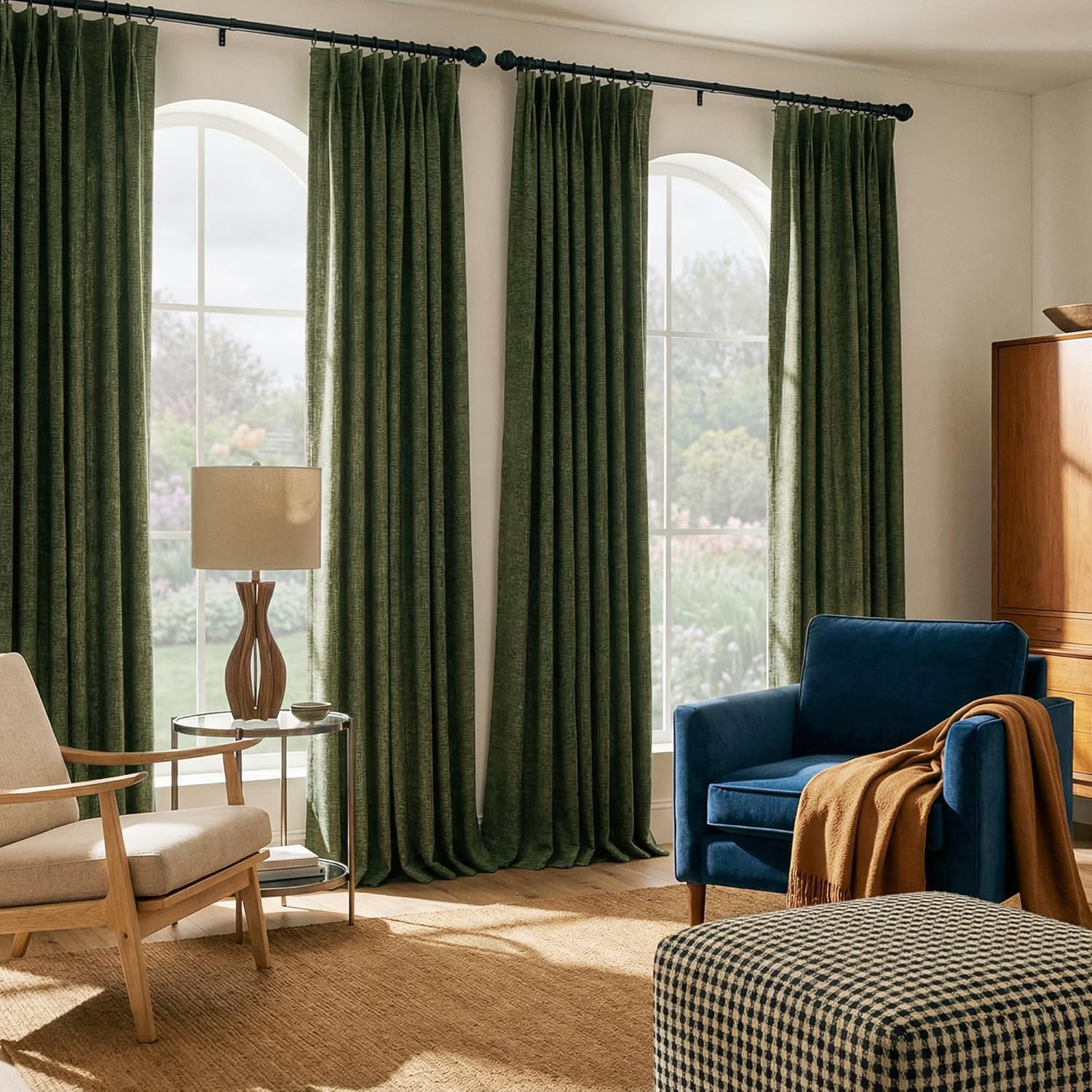 Vintage Olive Green Room Darkening Curtains 90″ Long – 2 Panels