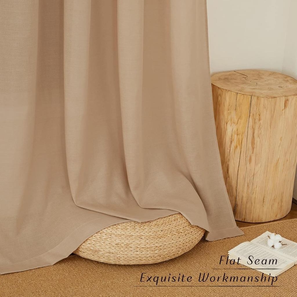 2 Camel Linen Window Curtains Panels 84″L x 55″W Grommets Semi-Sheer