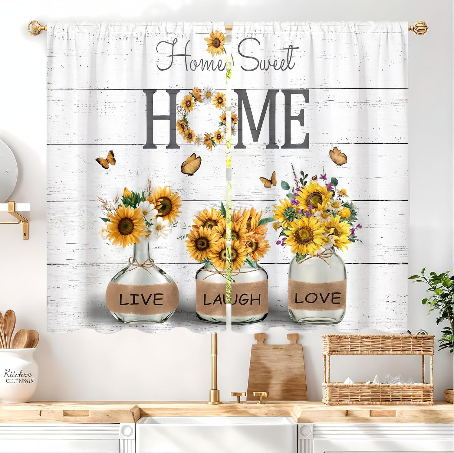 Sunflower Yellow Floral Kitchen Curtains 27.5W X 39L Inch 2 Panels Farmhouse Rus