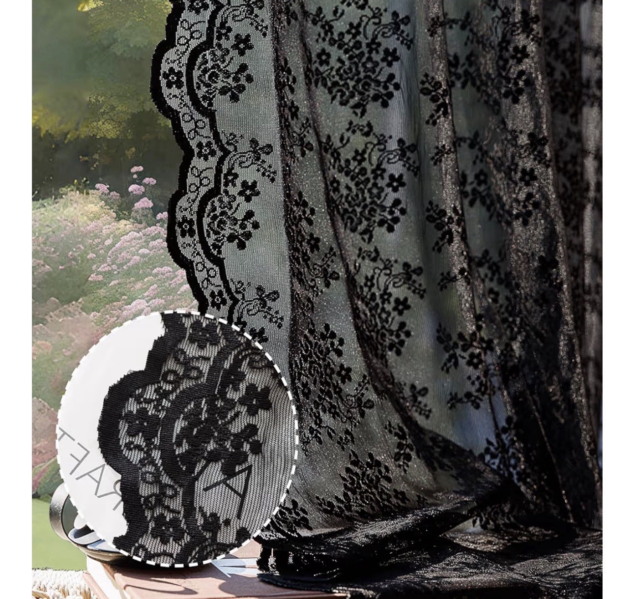 Vintage Black Lace Curtains 55x45L”2 Panels Semi Sheer Floral Thick Lacy
