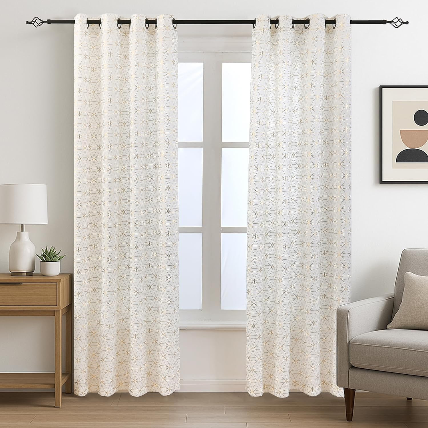 Exclusive Gold Linen Grommet Curtains, Unique Metallic Moroccan Tile Foil Print
