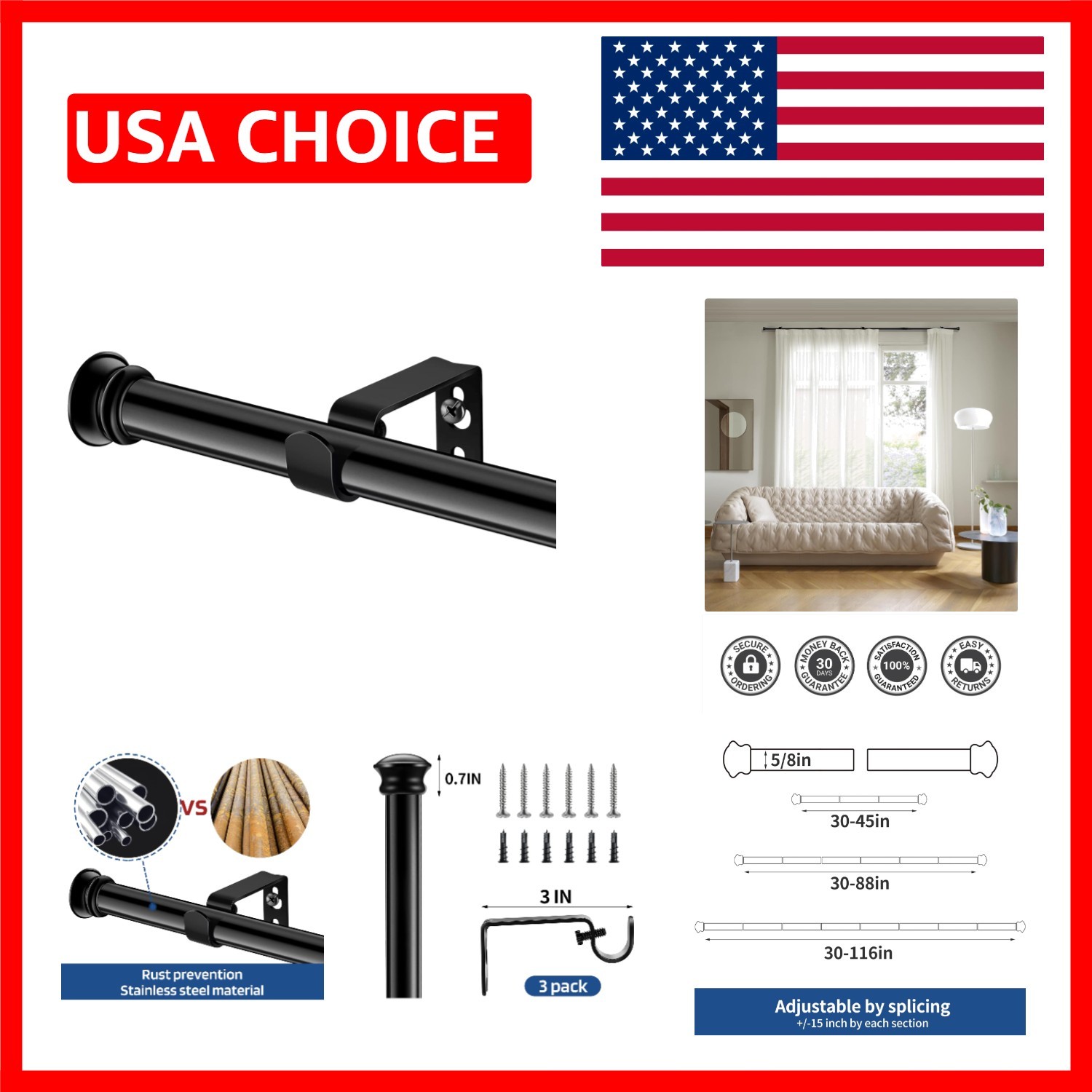 Versatile Heavy Duty Black Curtain Rod with Small End Design for Limited Spaces