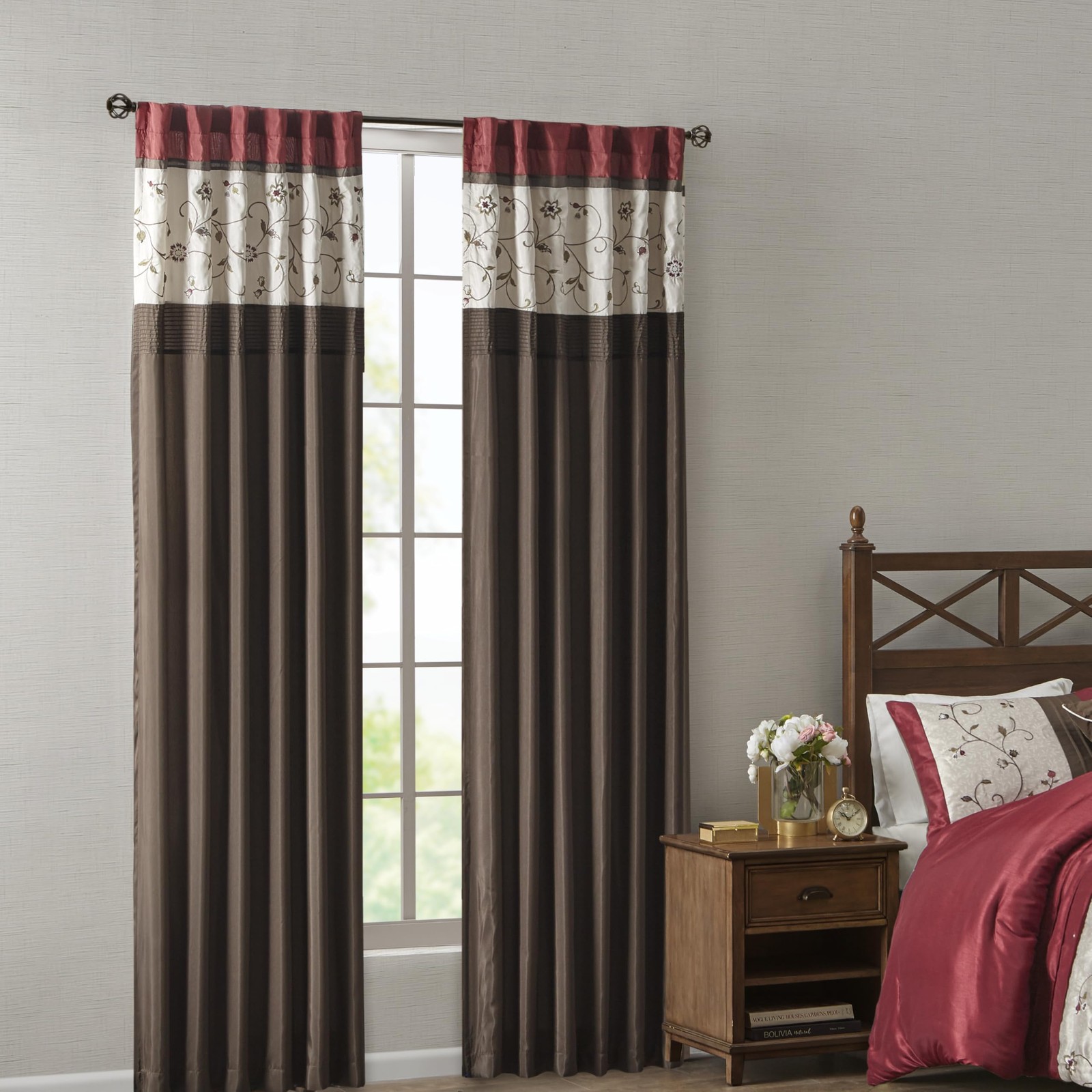 Madison Park Curtain Panel 50×84″ Red Floral Embroidery Rod Pocket Single Drape