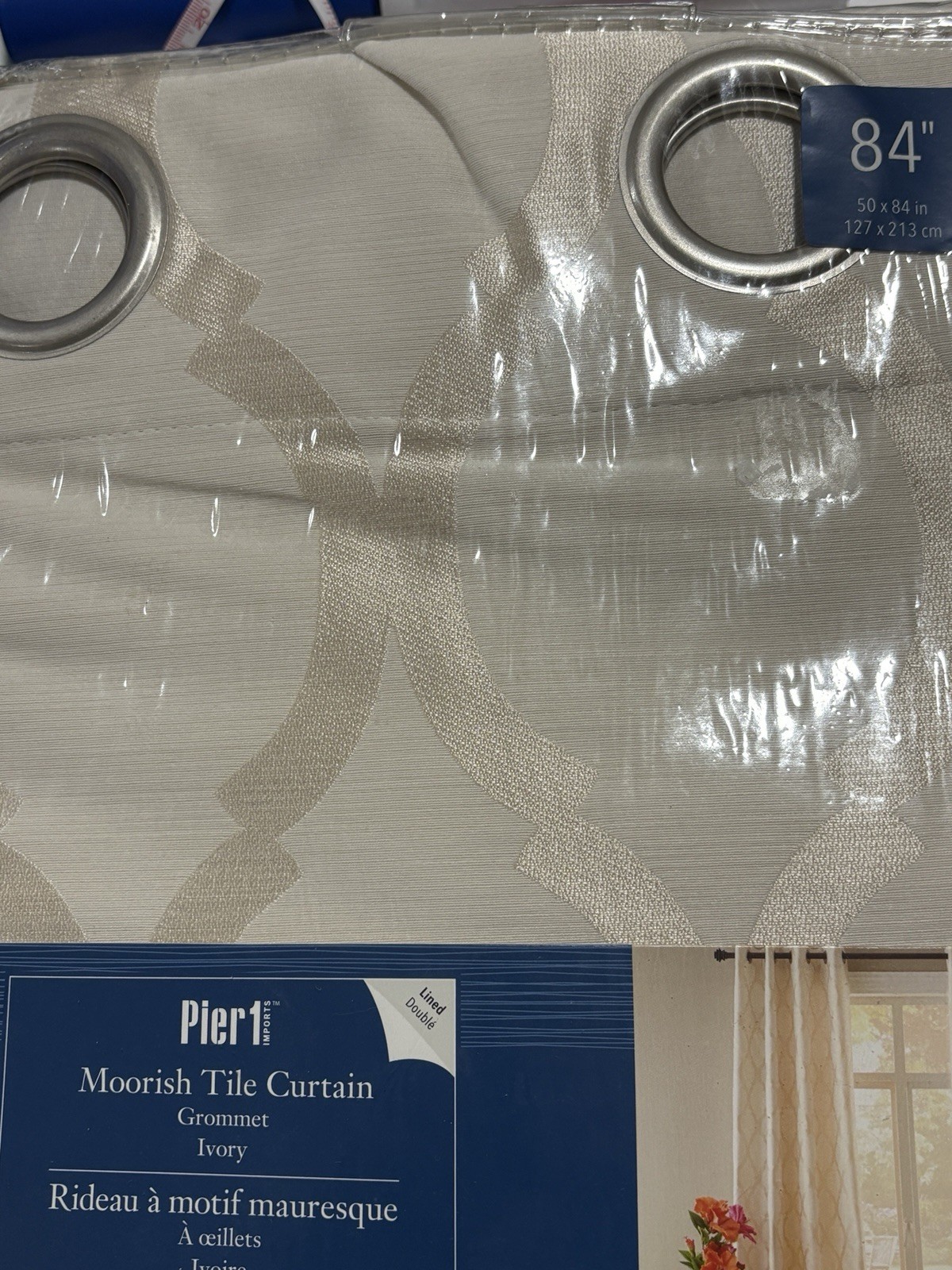 Pier 1 Moorish Tile Lined Curtain Panel Grommet Ivory Beige 84″ x 50″