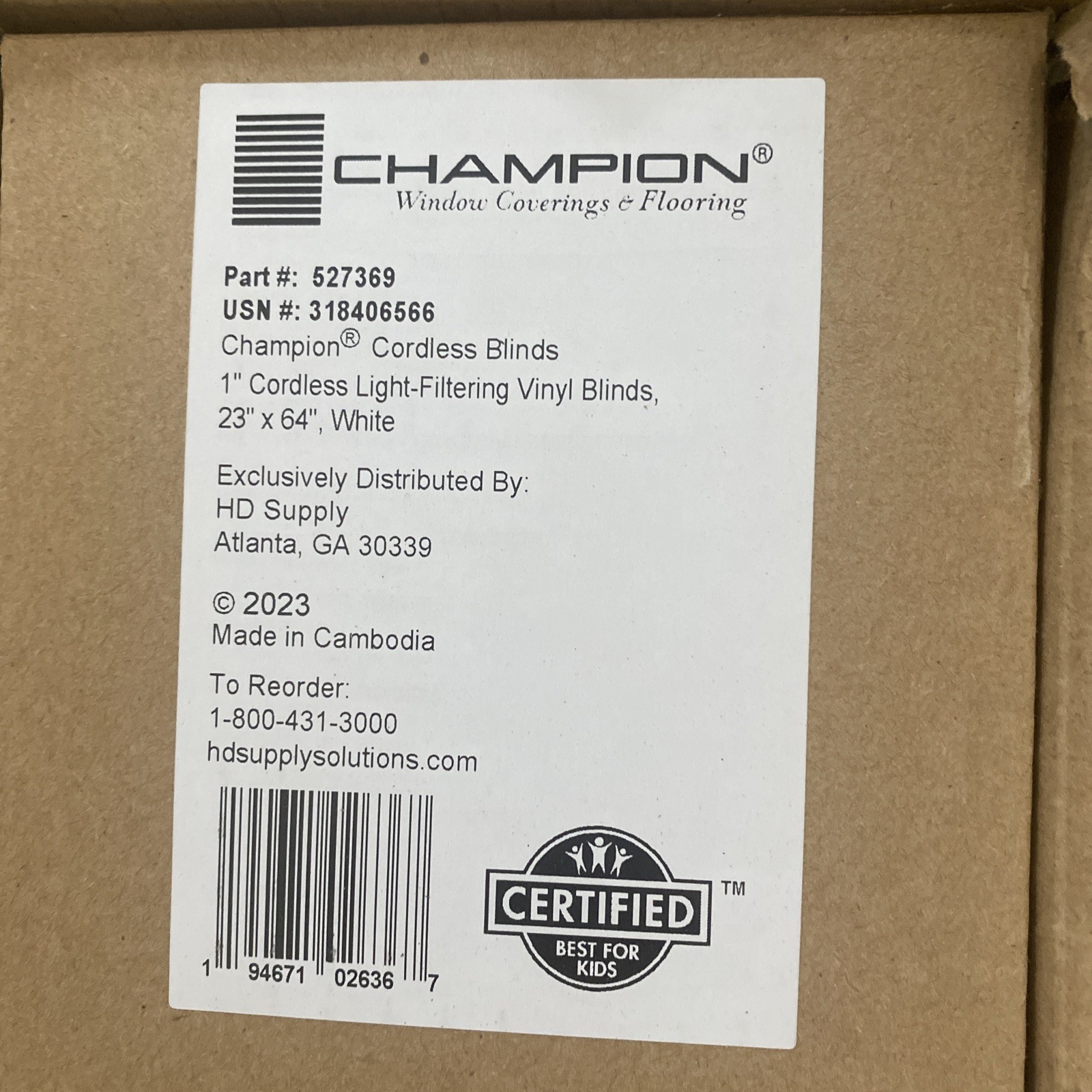 4 Pack Champion White Cordless Blinds with 1 in. Slats 23 in. W x 64 in. L