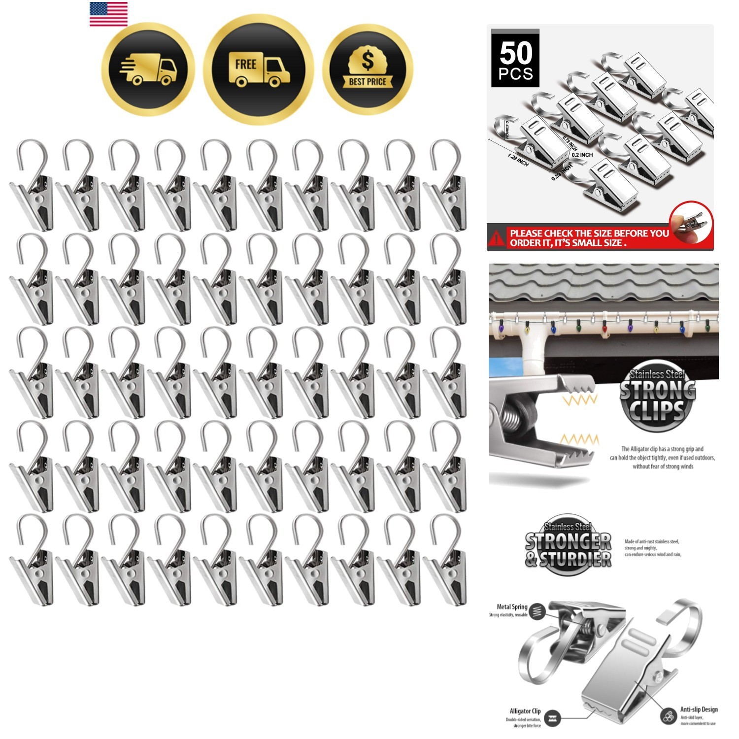 Stainless Steel Curtain Hooks Clip 50pcs Heavy Duty Rust-Resistant S Hooks