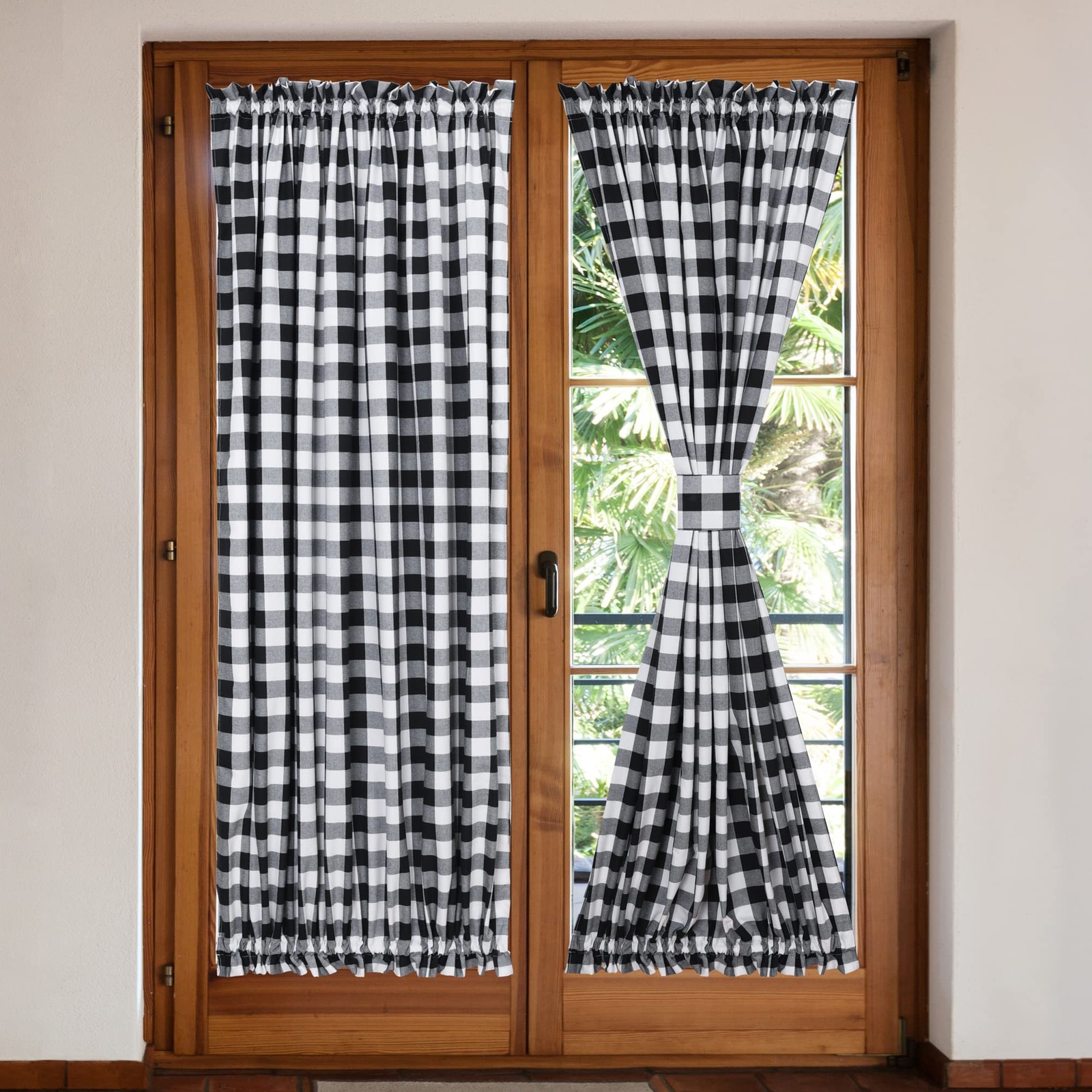 Buffalo Check French Door Curtains Rod Pocket Window Panels For Living Room Pati