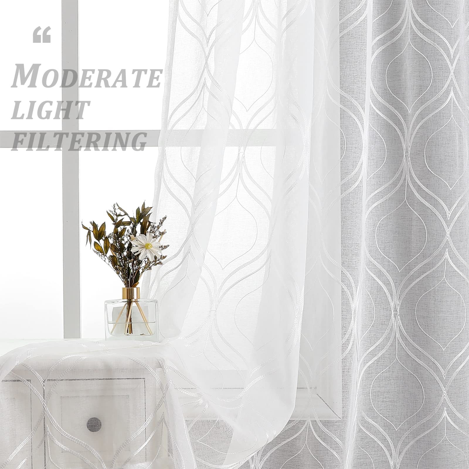 White Sheer Curtains 84 Inches Long 2 Panels, Light Filtering Moroccan Trelli…