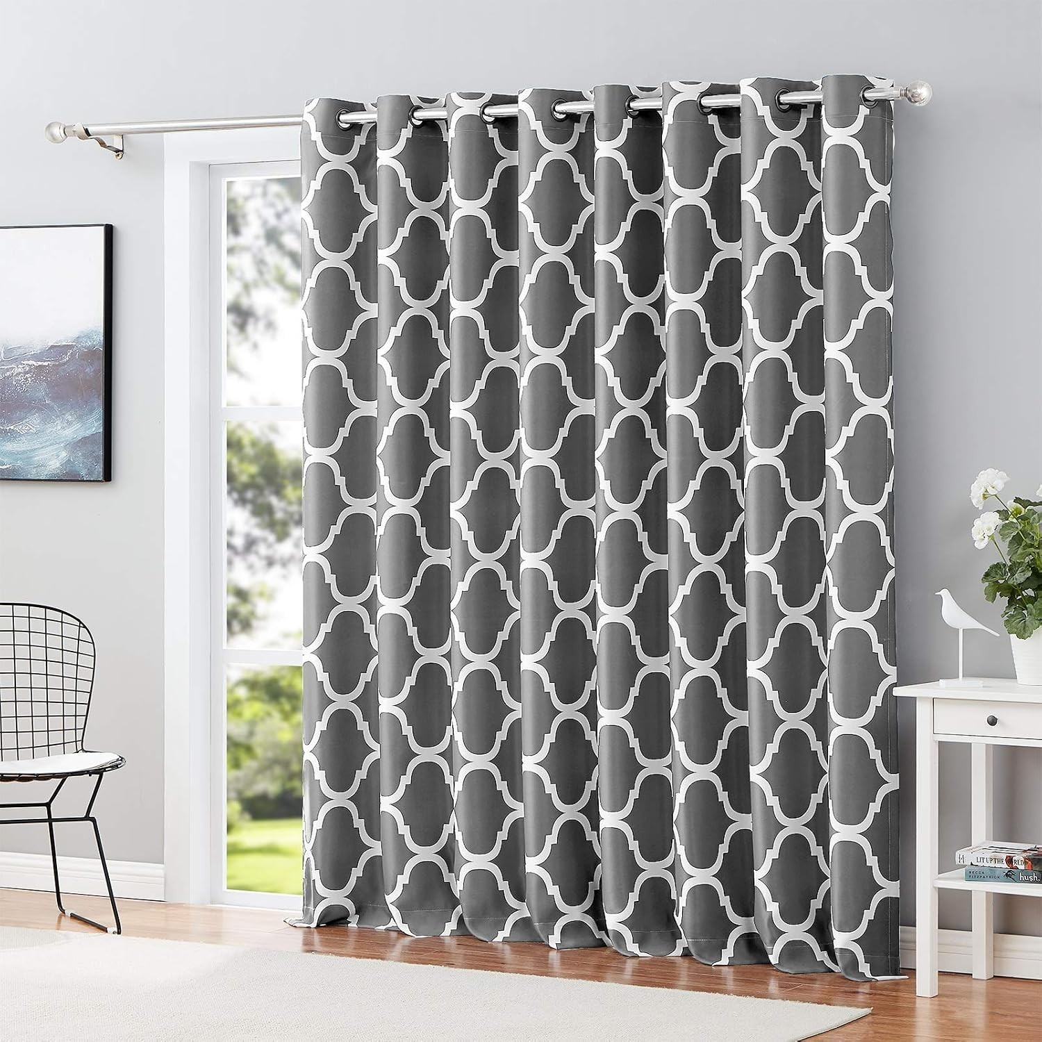 Luxurious Grey Moroccan Blackout Drapes, 100×96 Inch with Grommet Top Design