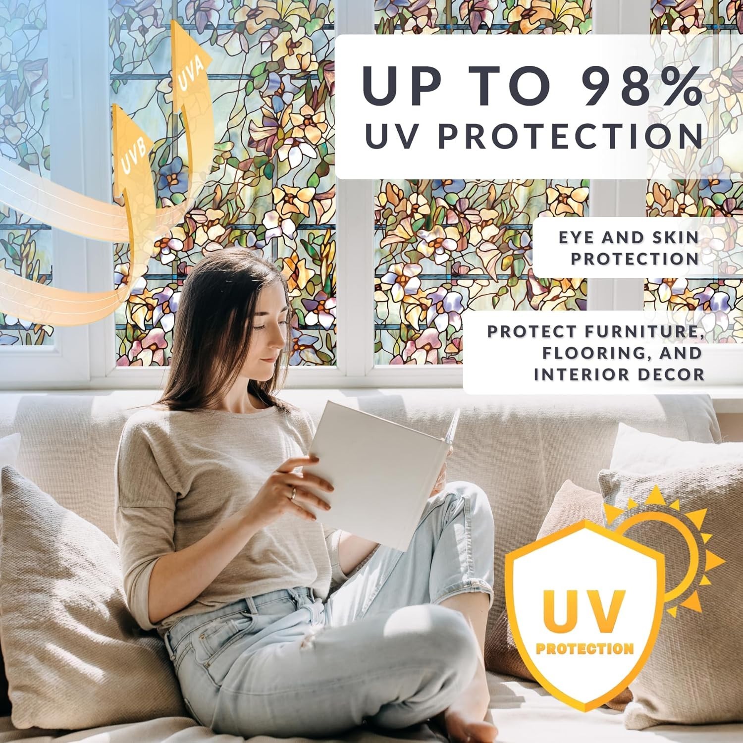Trellis | Privacy Window Film with Vibrant Colored Pattern | Non-Adhesive & U…
