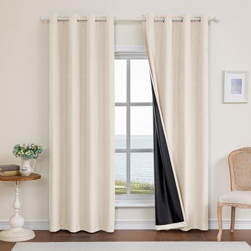 Linen 100% Blackout Curtains for Bedroom, Black 52″W x 96″L (Pack of 2) Beige