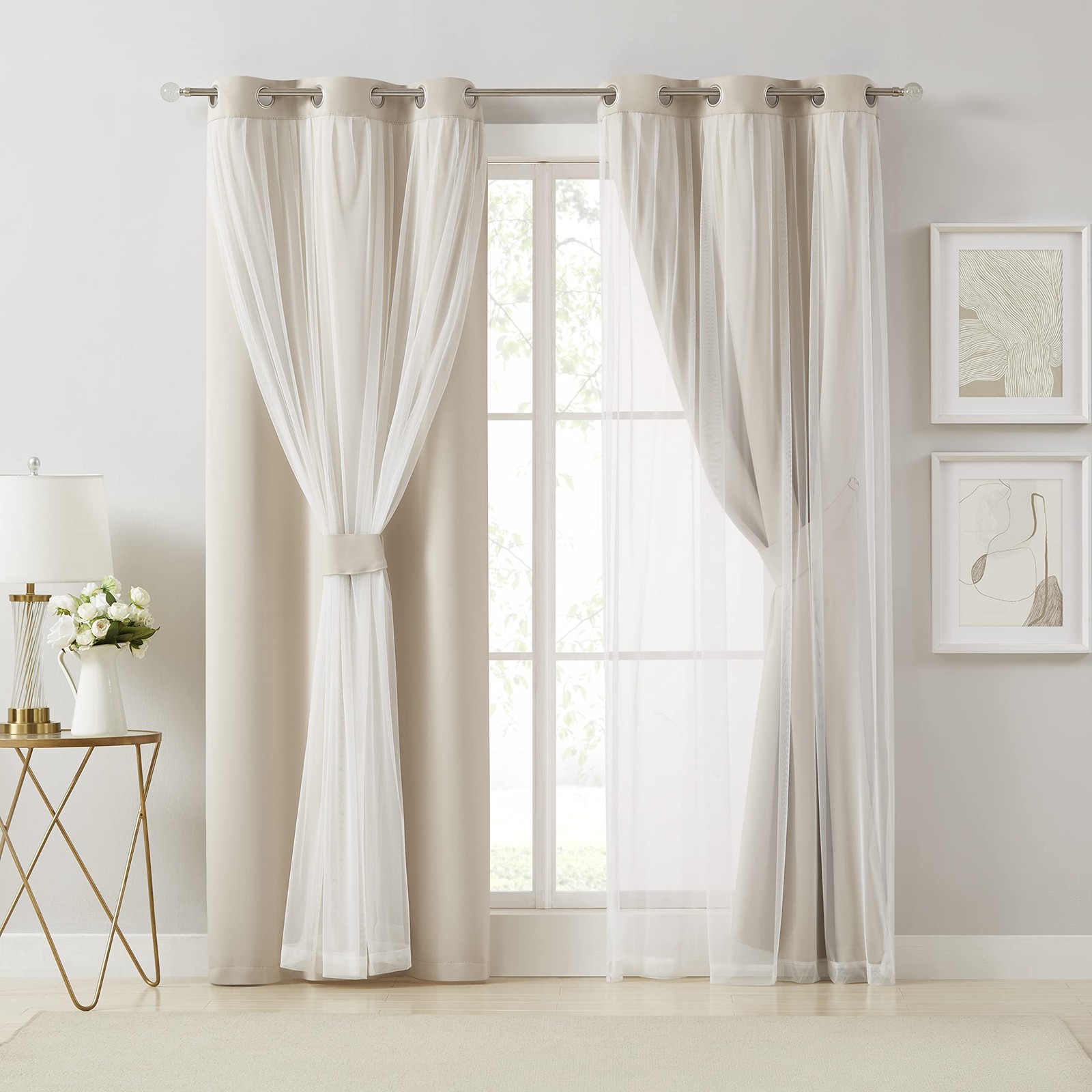 Beige 90% Blackout Curtains with Sheer Overlay Mix and Match Double Layer The…