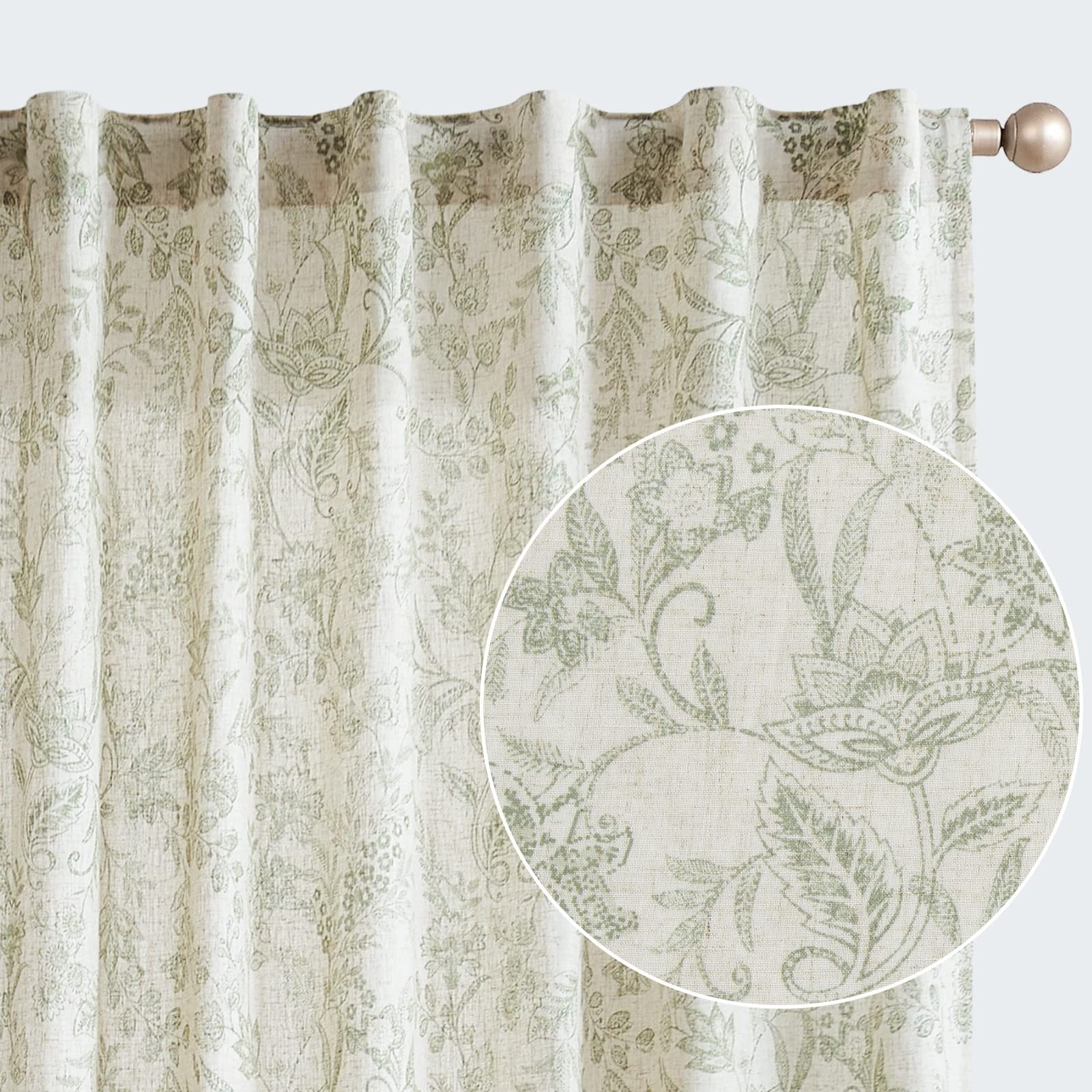 Lazzzy Linen Curtains Farmhouse Green Floral Print Curtains 63 Inches Long Back