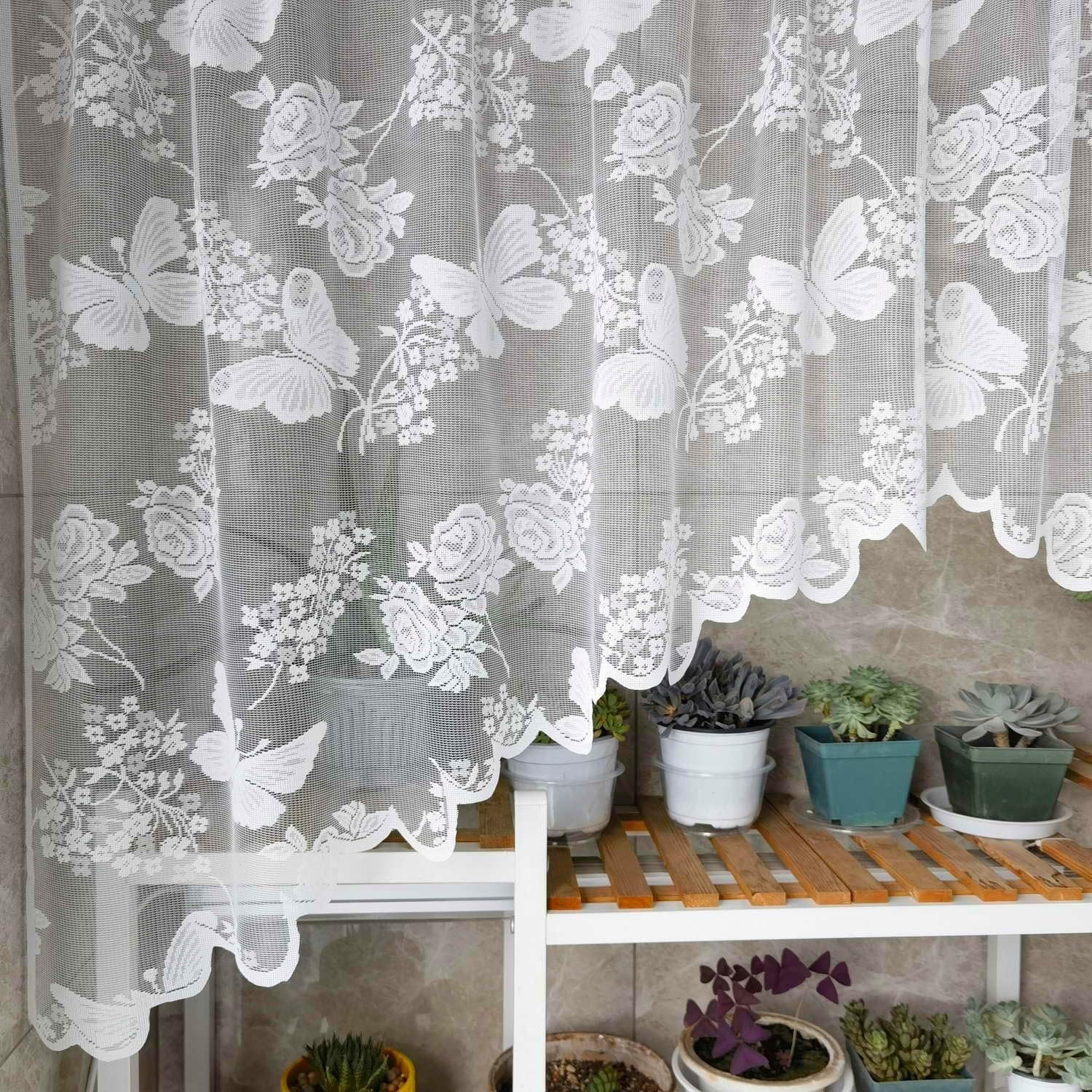 1 Panel White Butterfly Embroidered Arched Lace Sheer Curtain Valance | Floral a