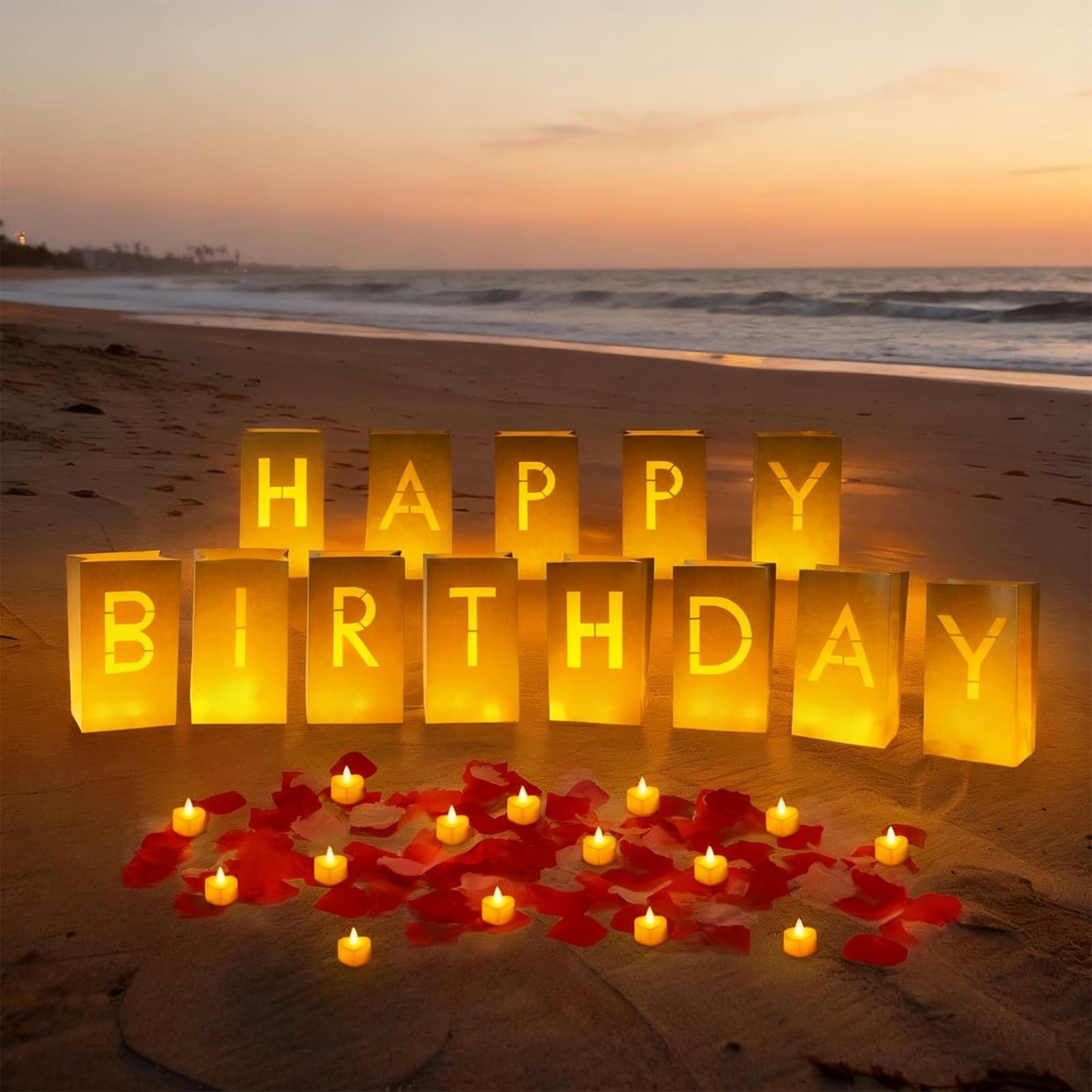 Happy Birthday Decoration with 30 LED Candles, Rose Petals & Balloons – Party