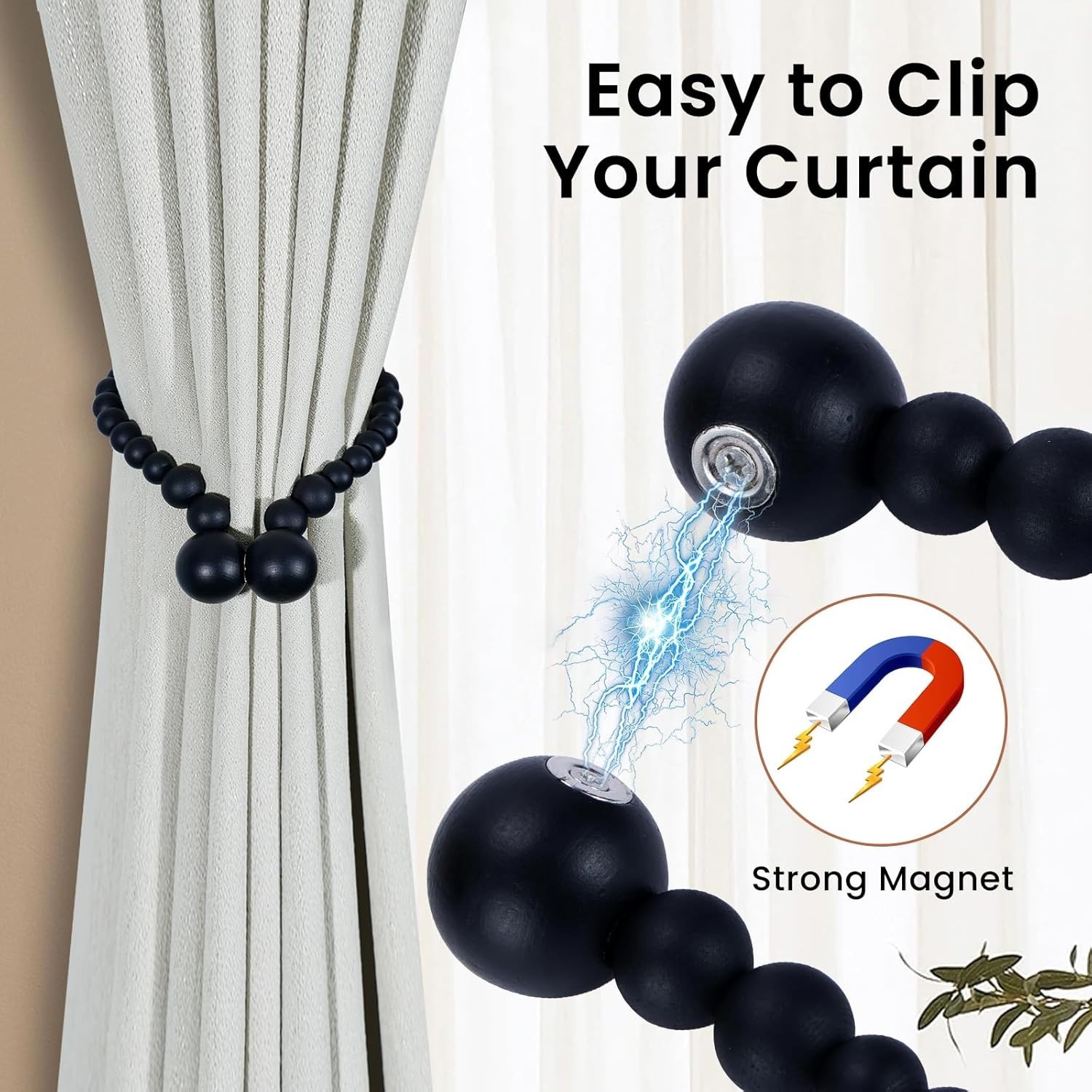 Versatile Magnetic Curtain Holdbacks – Black Wood Bead 2 Pack for Any Room Style