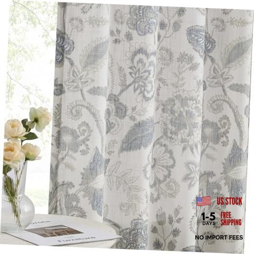 Backtab Rod Pocket Jacobean Floral Semi 52″W x 84″L (Pack of 2) Blue Grey