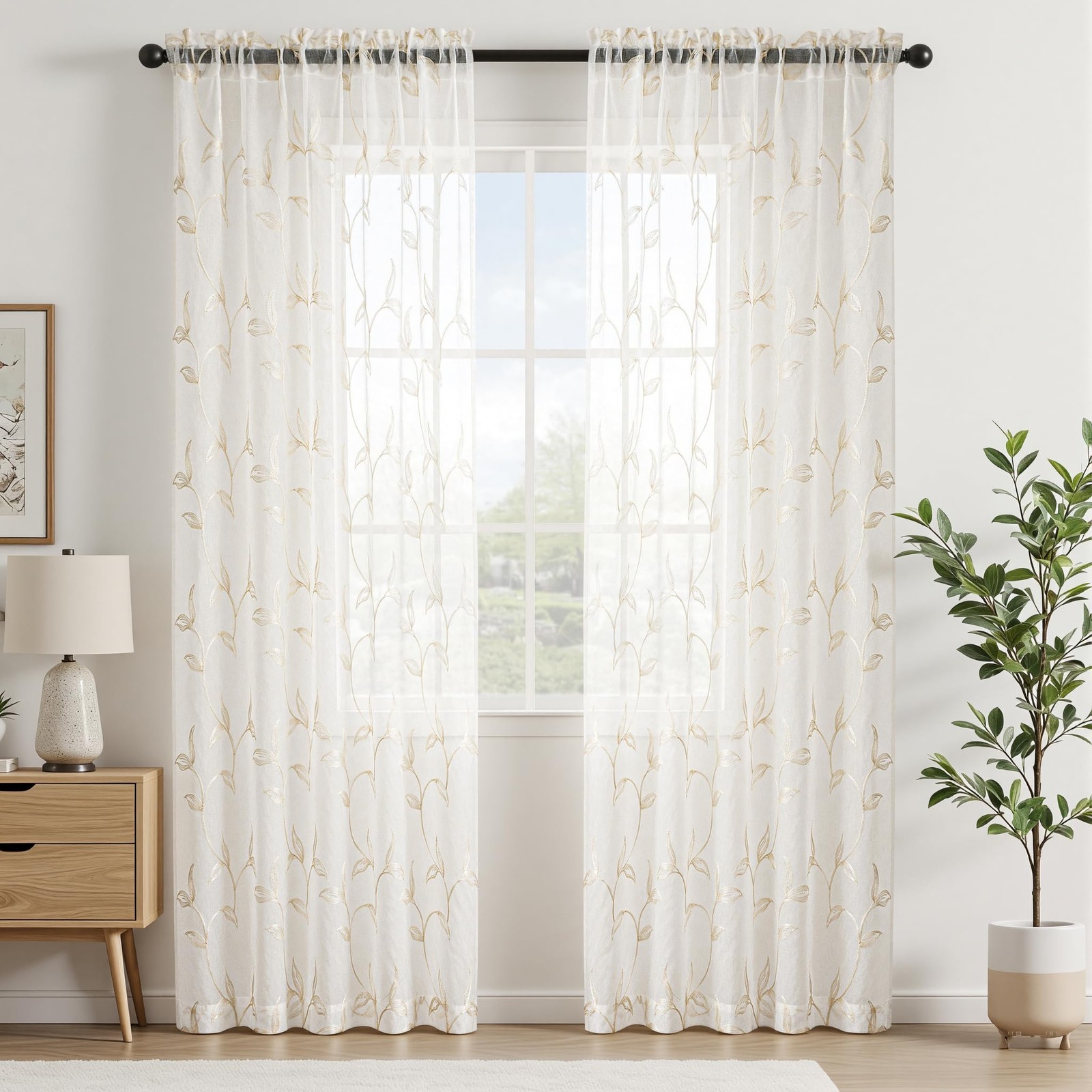 VISIONTEX Sheer Curtains 84 inch Length 2 Panels Set, White Voile Crushed Cream