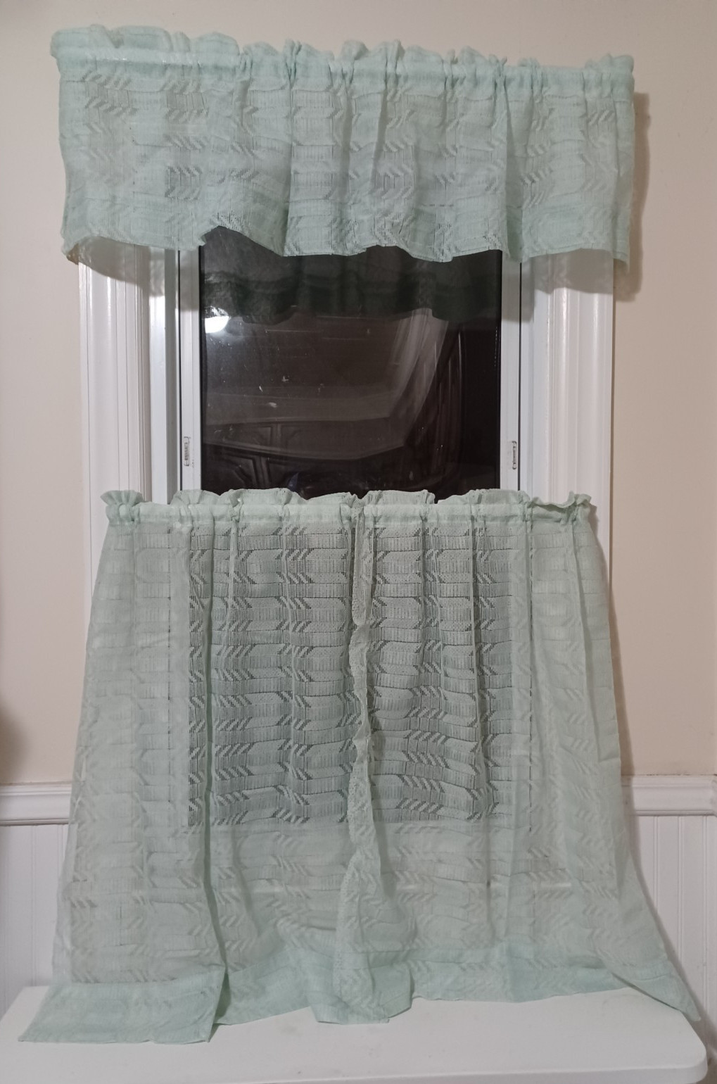 3-piece rod-pocket curtain set (valance & tiers) seafoam green, semi-sheer mesh