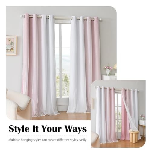 100% Blackout Curtains with Sheer Overlay, 72″ Double Layer Drapes, 2 Panels, Pi
