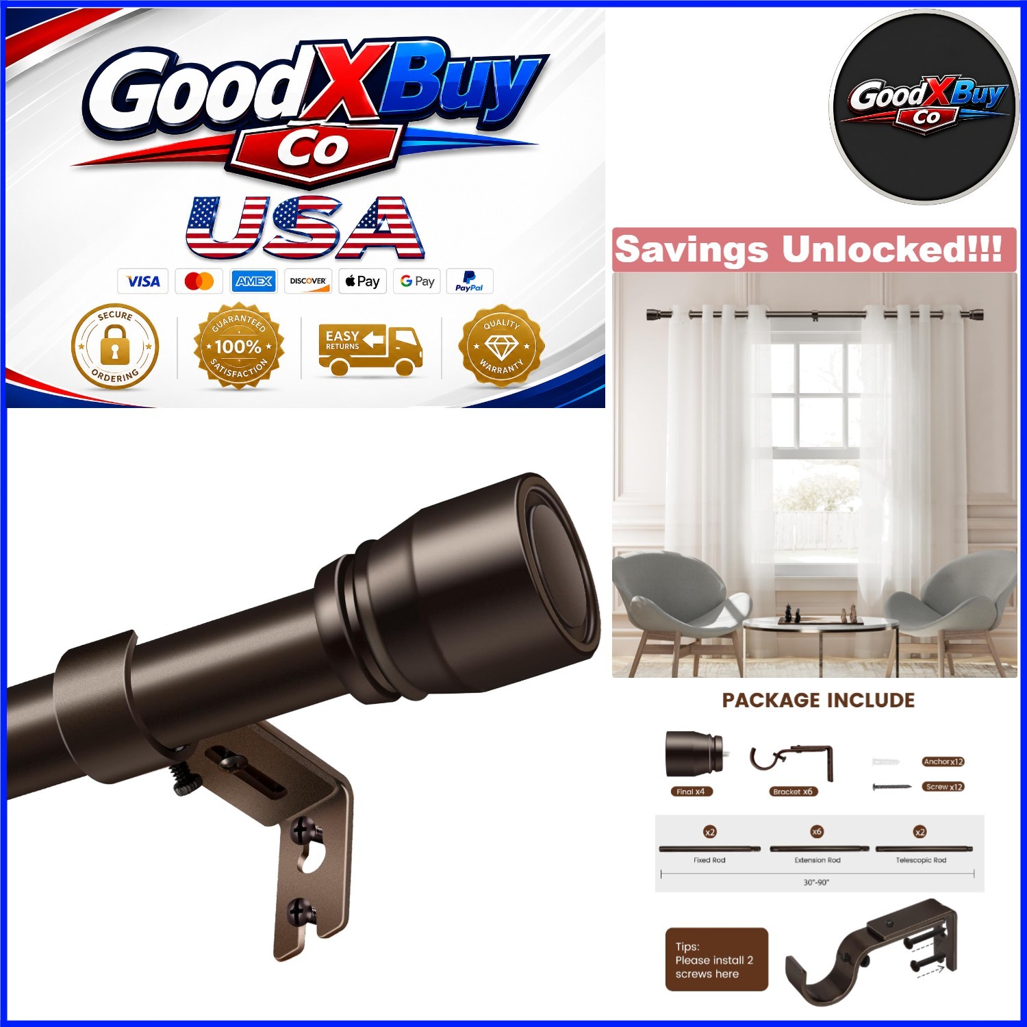2 Pack Heavy Duty Adjustable Brown Curtain Rods 30-90 Inch for Windows