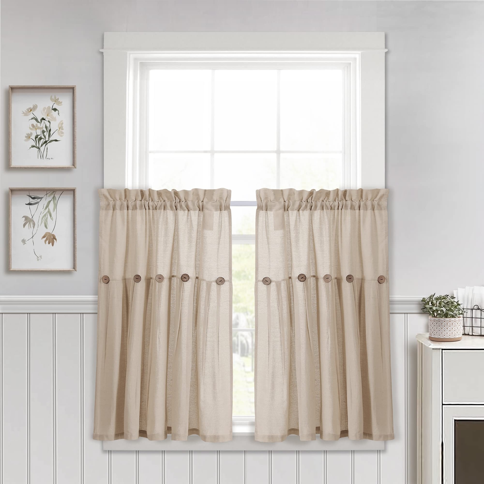 Button Farmhouse Kitchen Tier Curtain Set Pair 29″ W X 36″ L Dark L