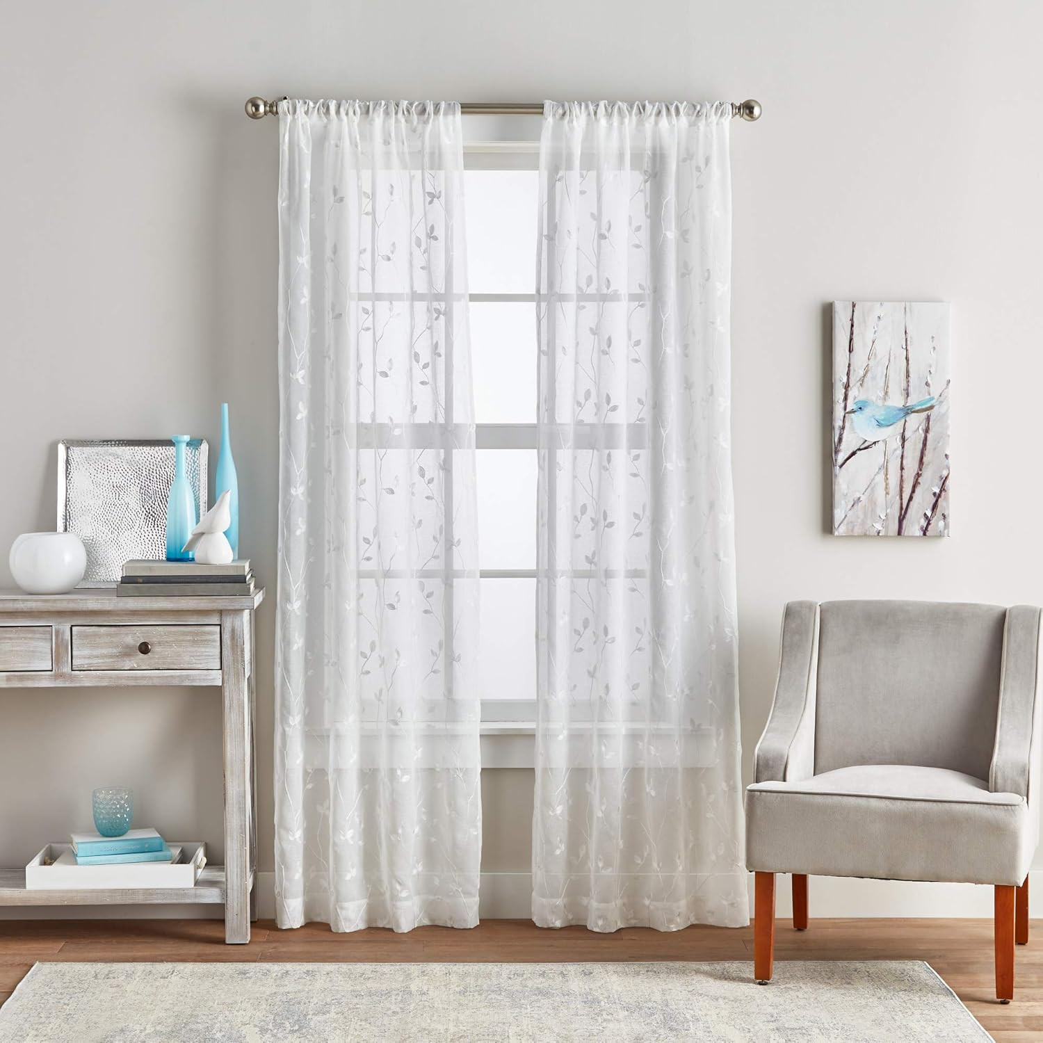 Botanical Embroidered Leaf White Sheer Window Curtains – 2 Panel Set – 37″ X 84″
