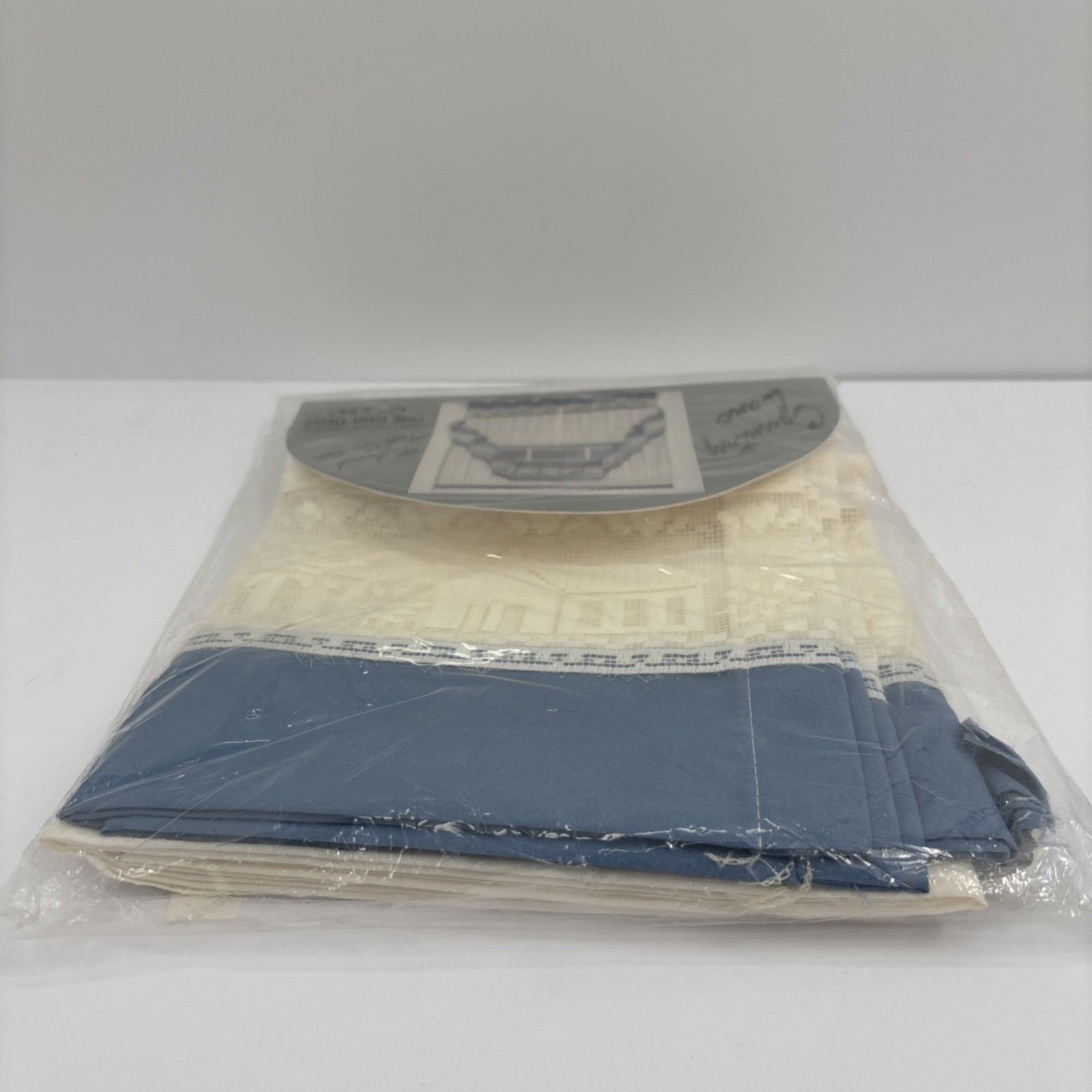 VTG 90s Country Lane Tailored Tier Curtains 60×24 Blue White Lace Cottage