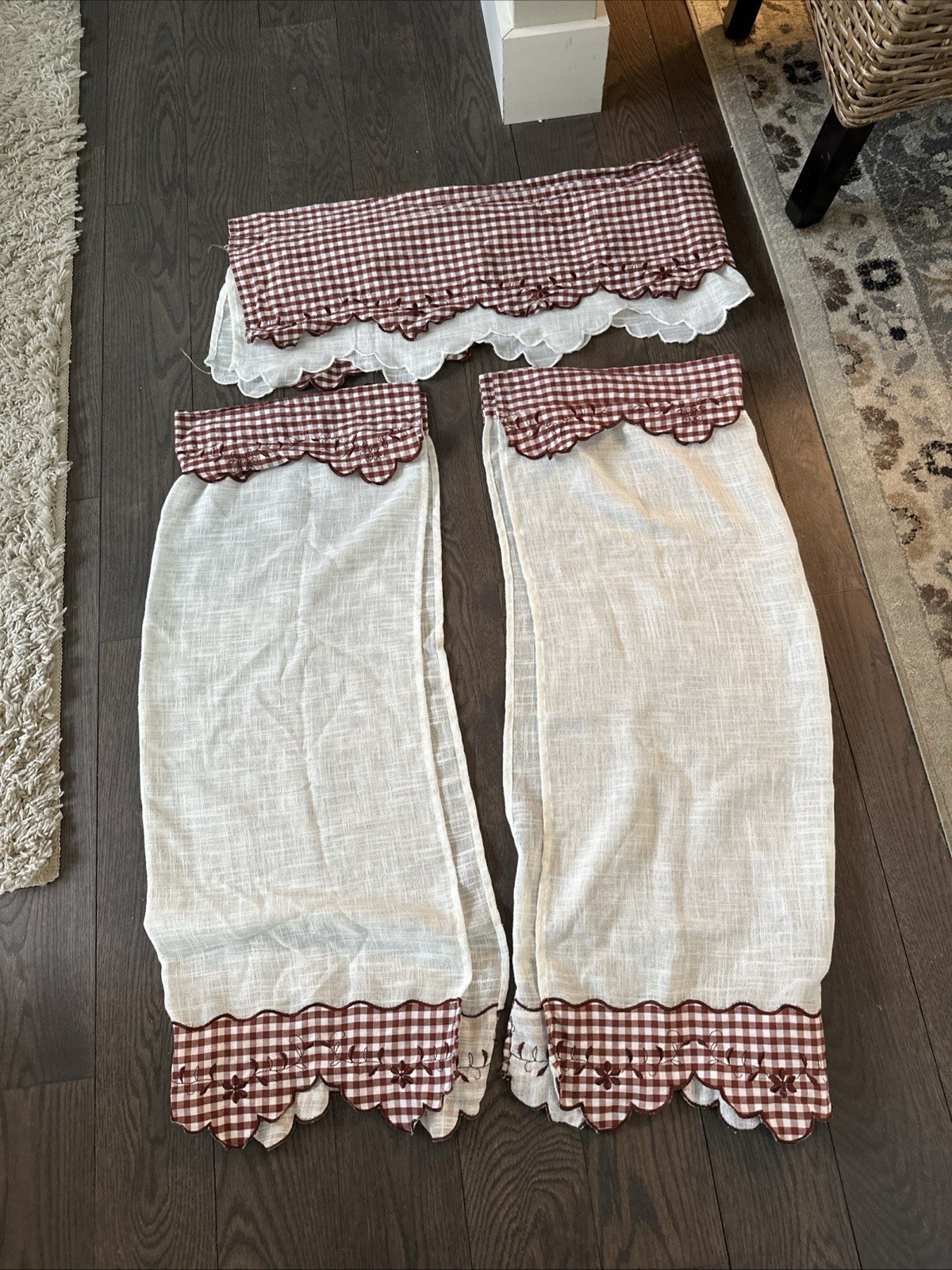 Curtains 3 Piece Valance Tier Set Red & White Farmhouse Plaid Country Polycotton