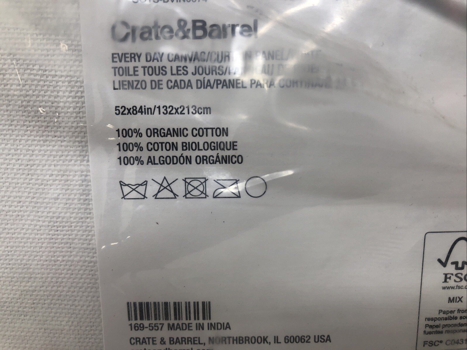 Crate & Barrel White Curtain Panel, Organic Cotton Canvas 52x84in / 132x213cm
