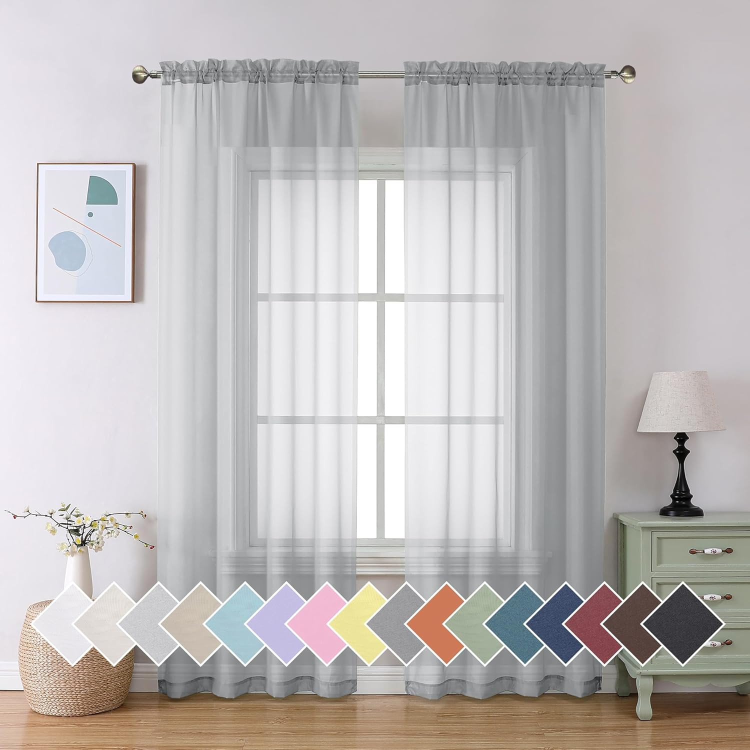 Light Grey Sheer Window Curtains 84 Inches Long 2 PCS- Rod Pocket Living Room Cu