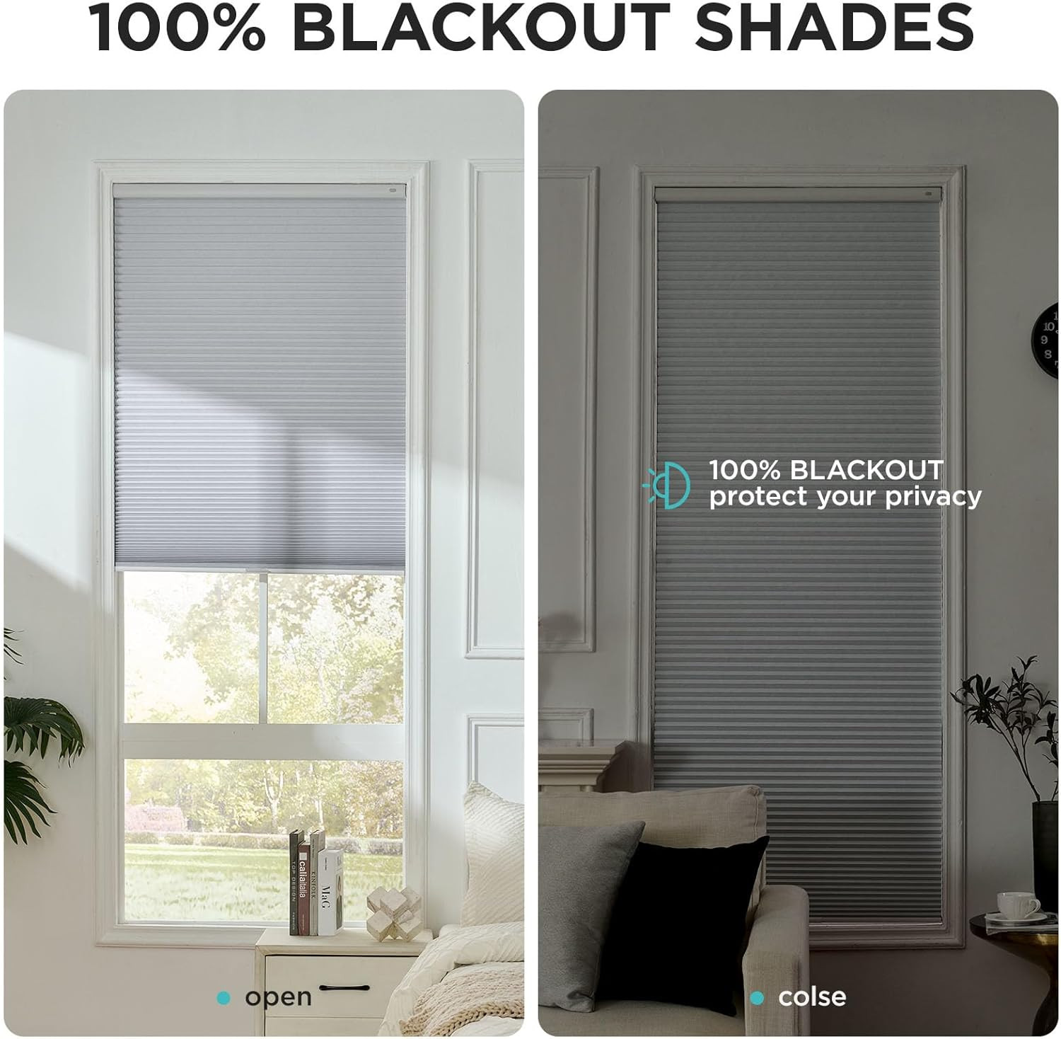 No Tools No Drill Window Blinds for Indoor Windows, Blackout Shades Cellular Sha