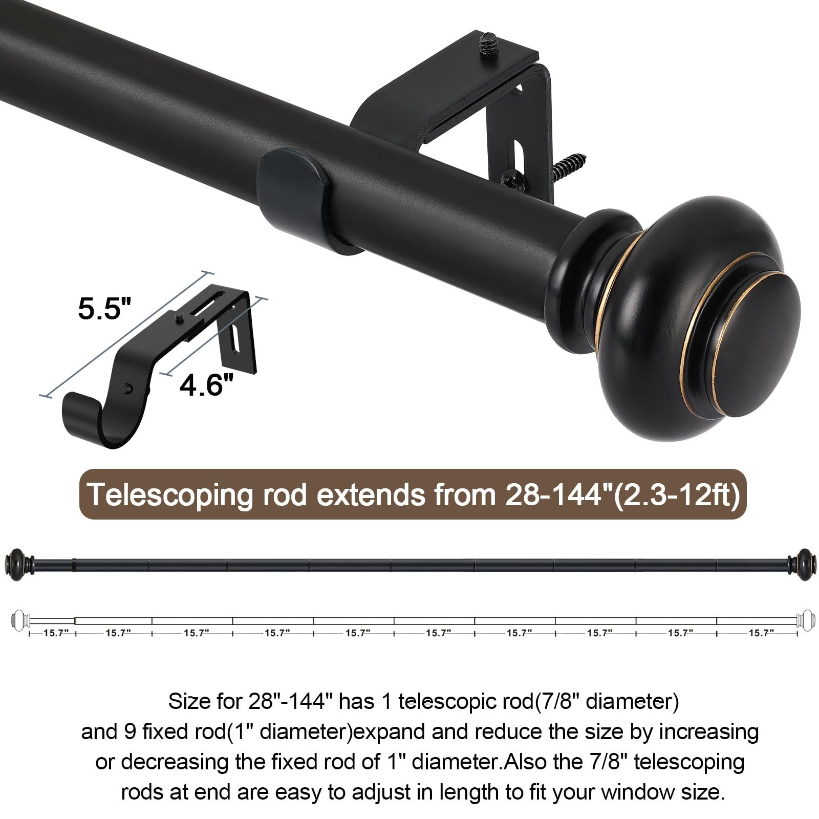 SIMEWIN Black Curtain Rods for Windows 72 to 144 Inches Adjustable Decorative…