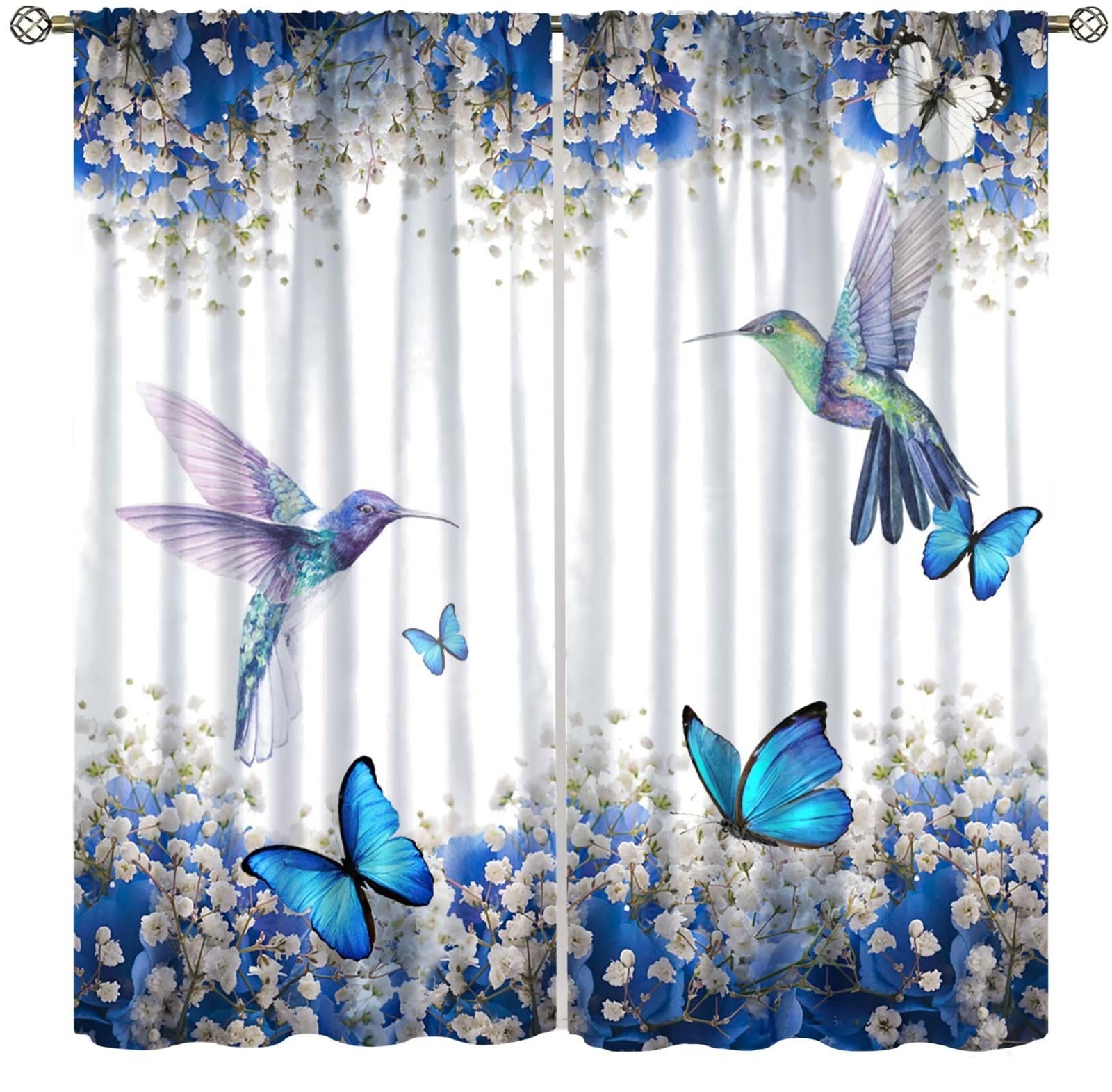 Hummingbird Flower Watercolor Spring Garden Theme Blue Flowers Butterfly Humm…