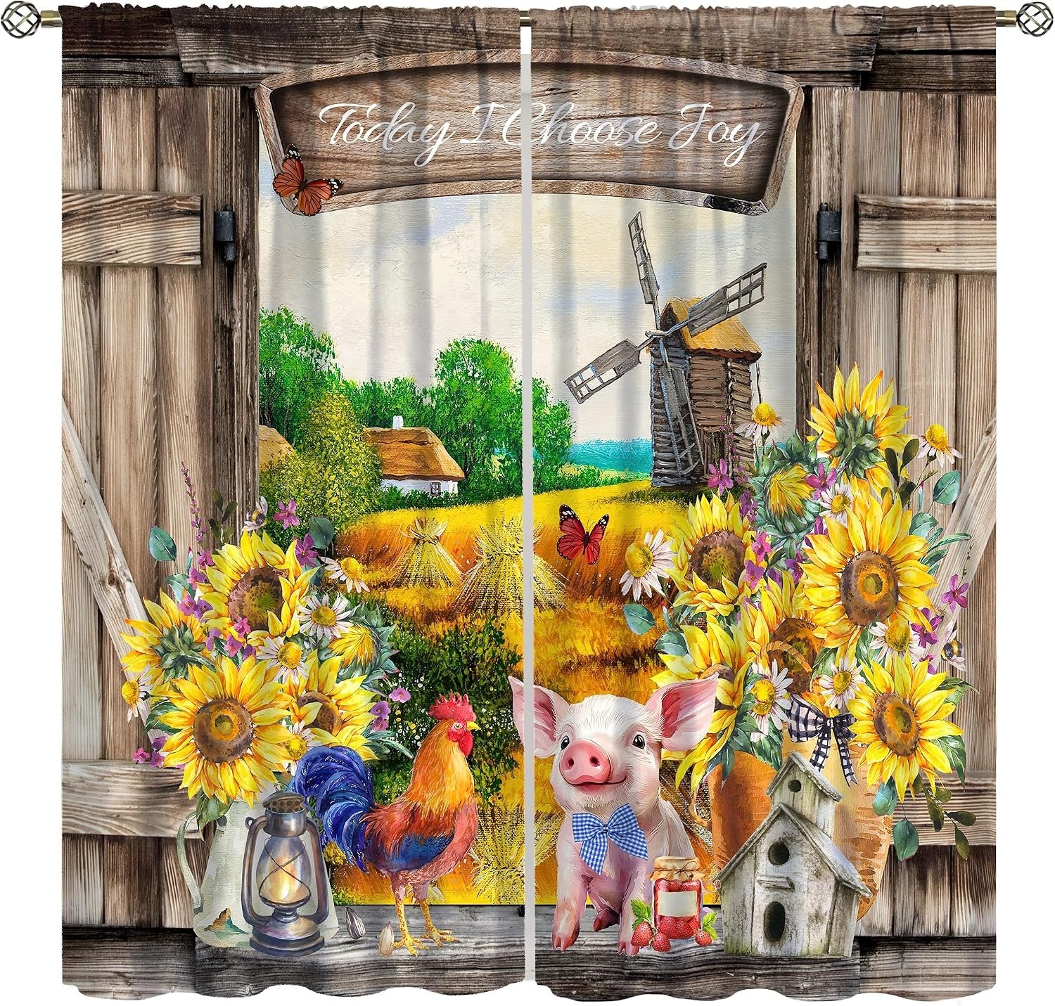 Farmhouse Animal Curtains for Kitchen Vintage Rustic Wooden Barn Farm Windmill A