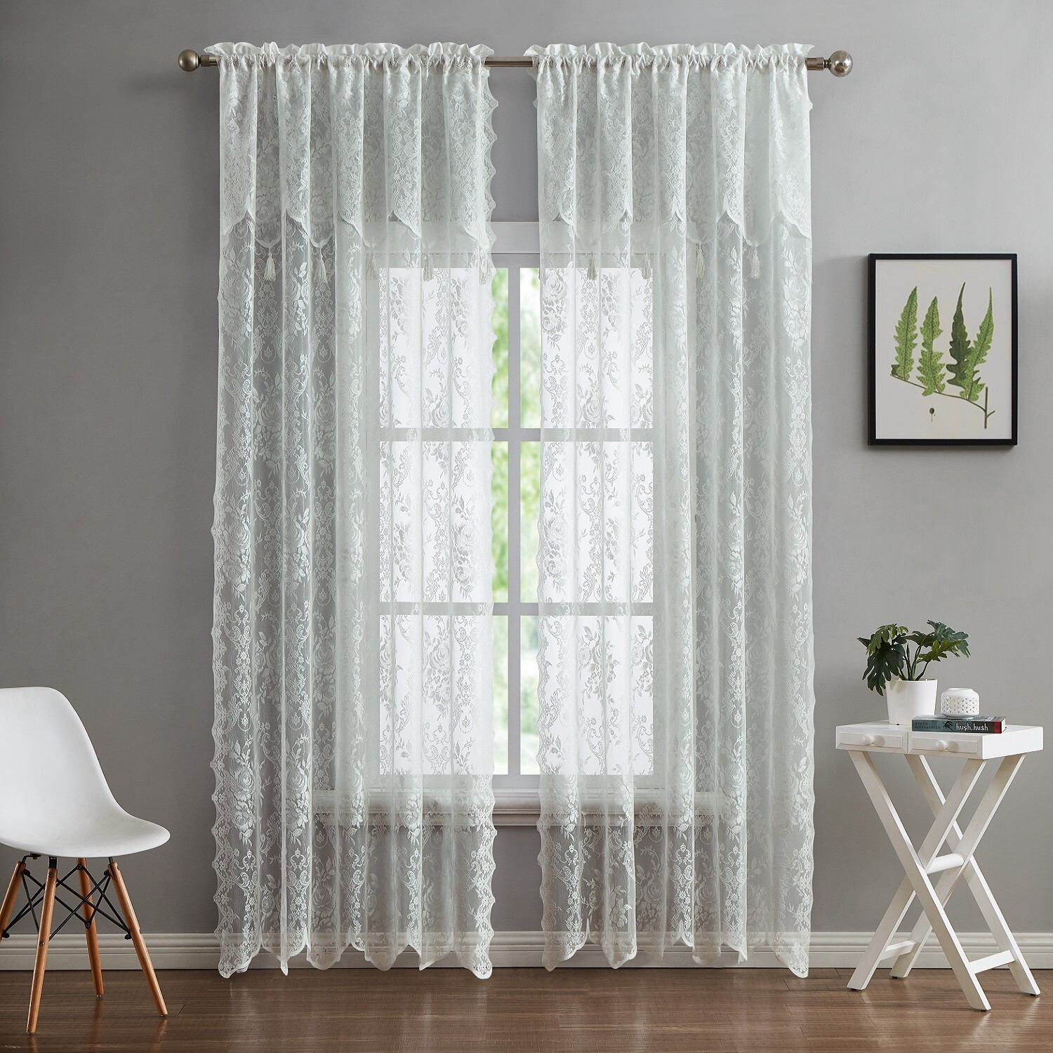 WARM HOME DESIGNS Pair of 2 Sheer Lace Curtains with Attached Valances & Tassels