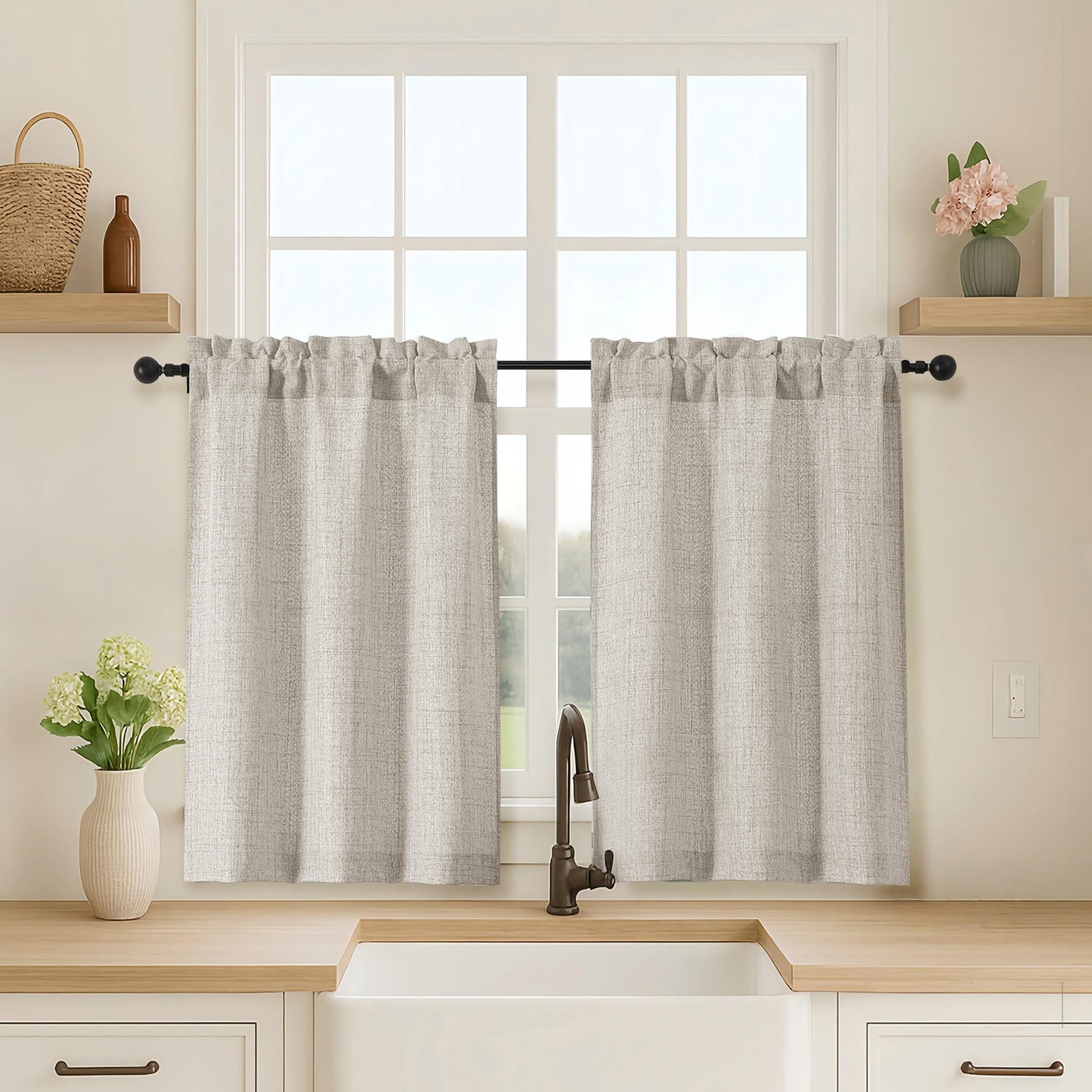 2 Panels Kitchen Curtains 36 Inch Length, Faux Linen Textured Small Cafe Curtain